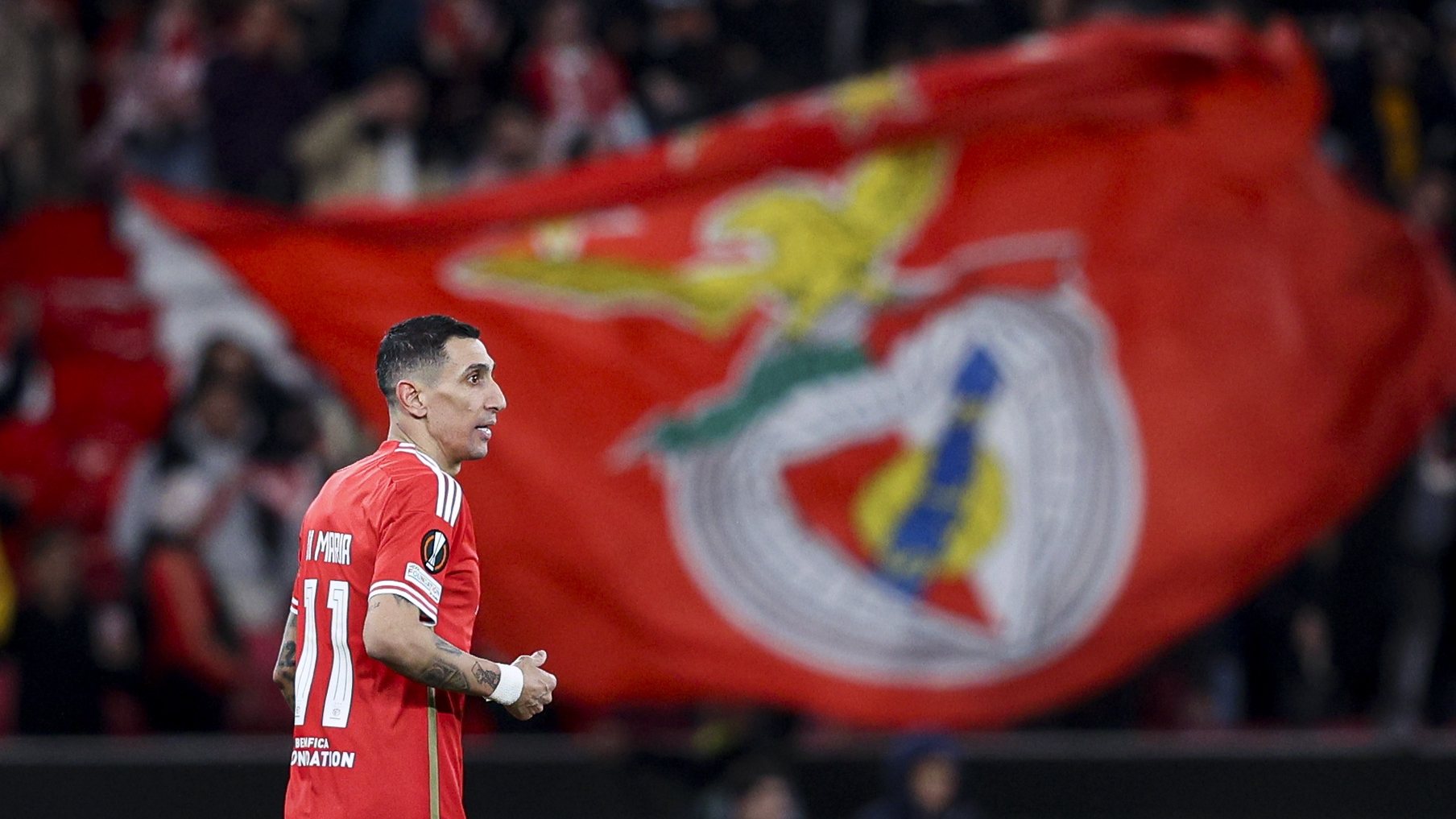 Benfica&#039;s Di Maria (R) celebrates after the Rangers’ owngoal during the UEFA Europe League round of sixteen first leg soccer match between Benfica and Glasgow Rangers held at Luz Stadium, in Lisbon, Portugal, 07 March 2024. FILIPE AMORIM/LUSA