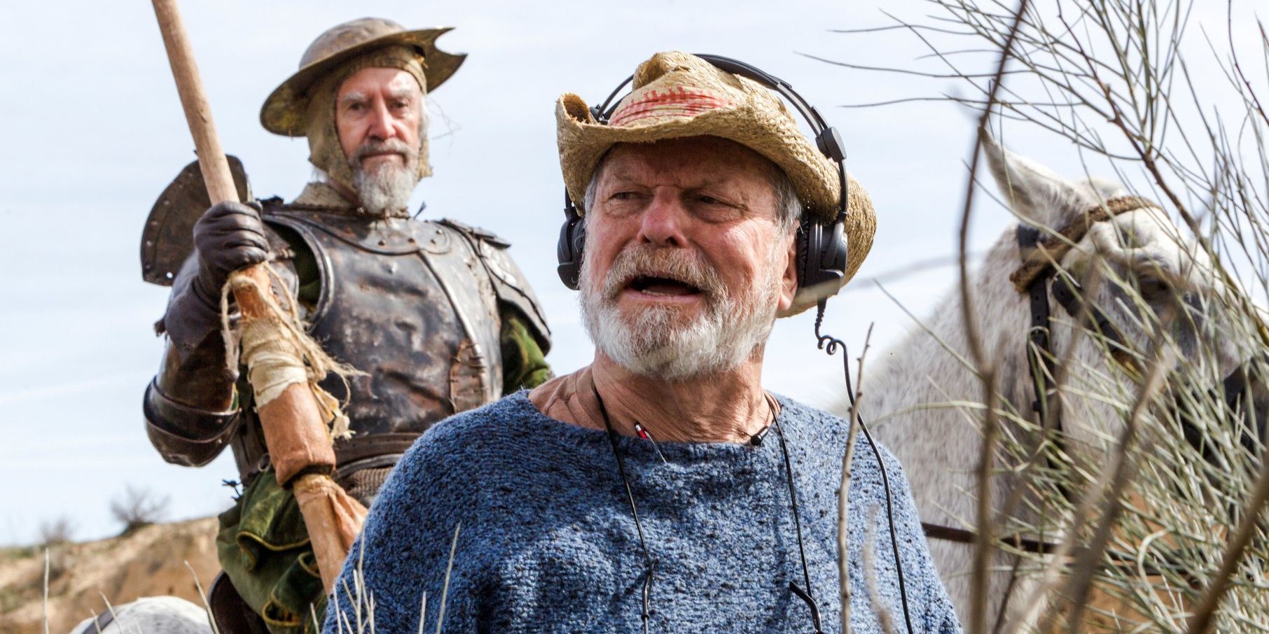 Terry Gilliam com Joanthan Pryce durante as filmagens de &quot;O Homem que Matou Don Quixote&quot;