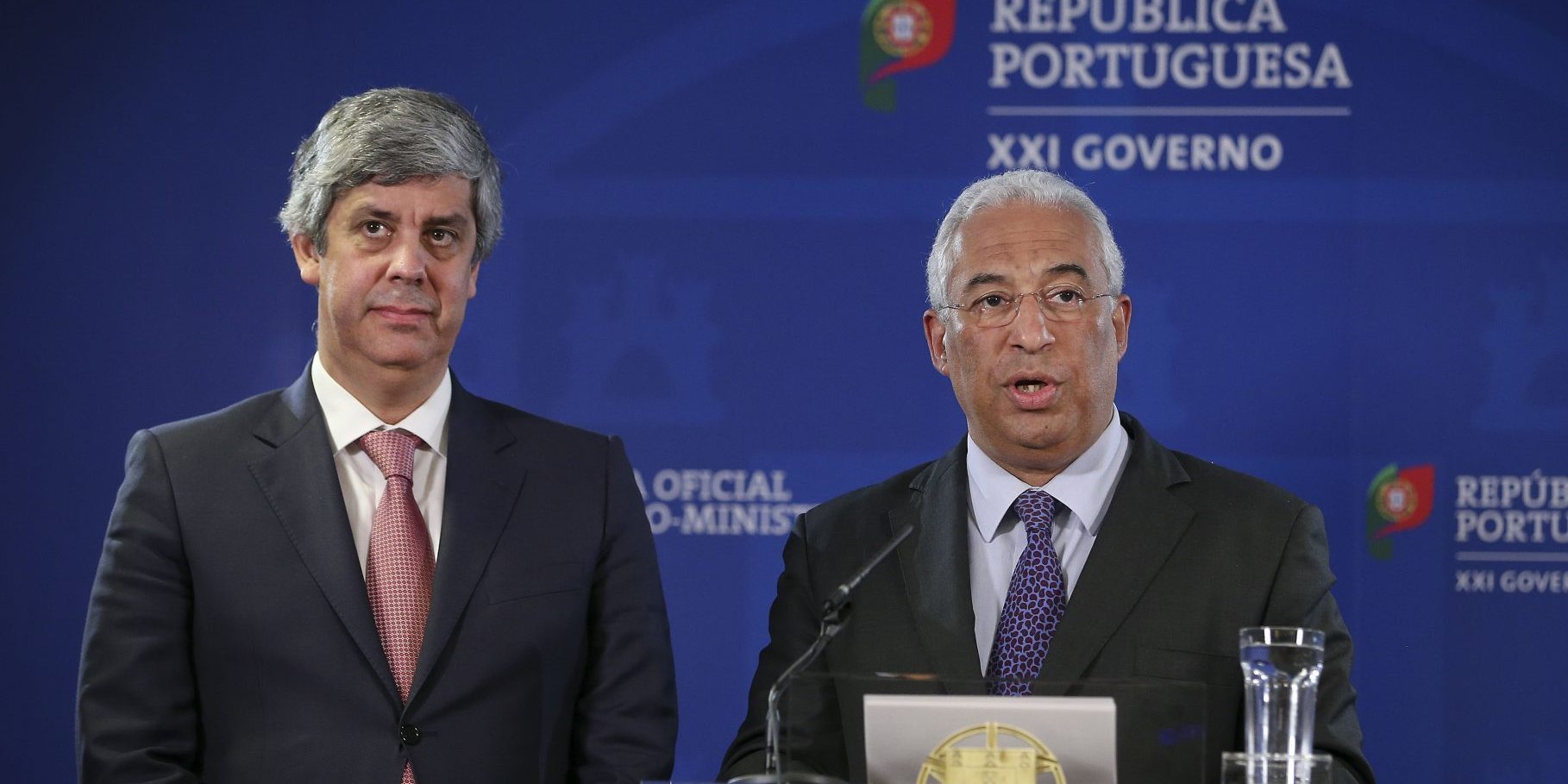 Mário Centeno, então ministro das Finanças, e António Costa, primeiro-ministro, quando anunciaram a venda do Novo Banco à Lone Star, em 2017