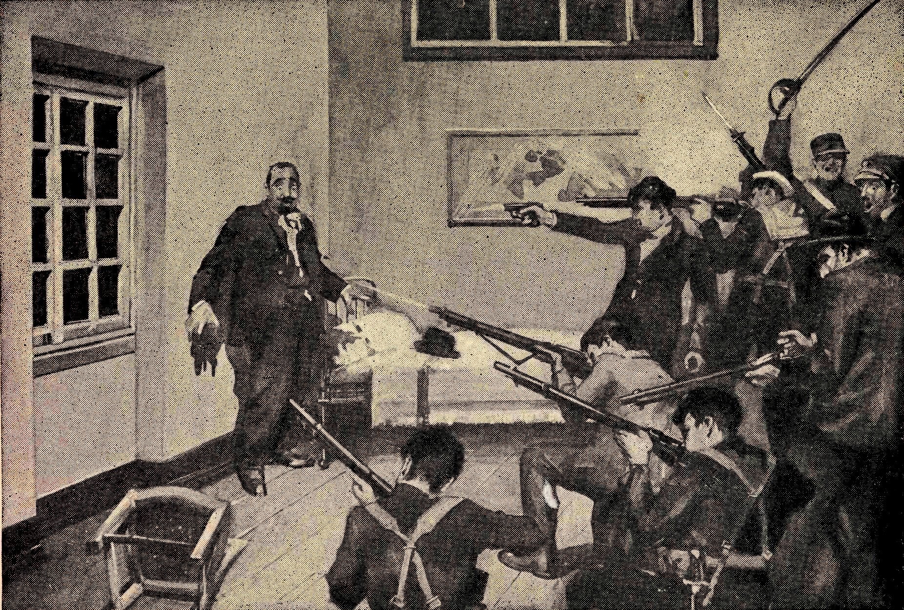 Mesmo após uma tentativa de fuga, o então primeiro ministro, António Granjo, acaba por ser morto. Na imagem, uma ilustração de 1921 do episódio