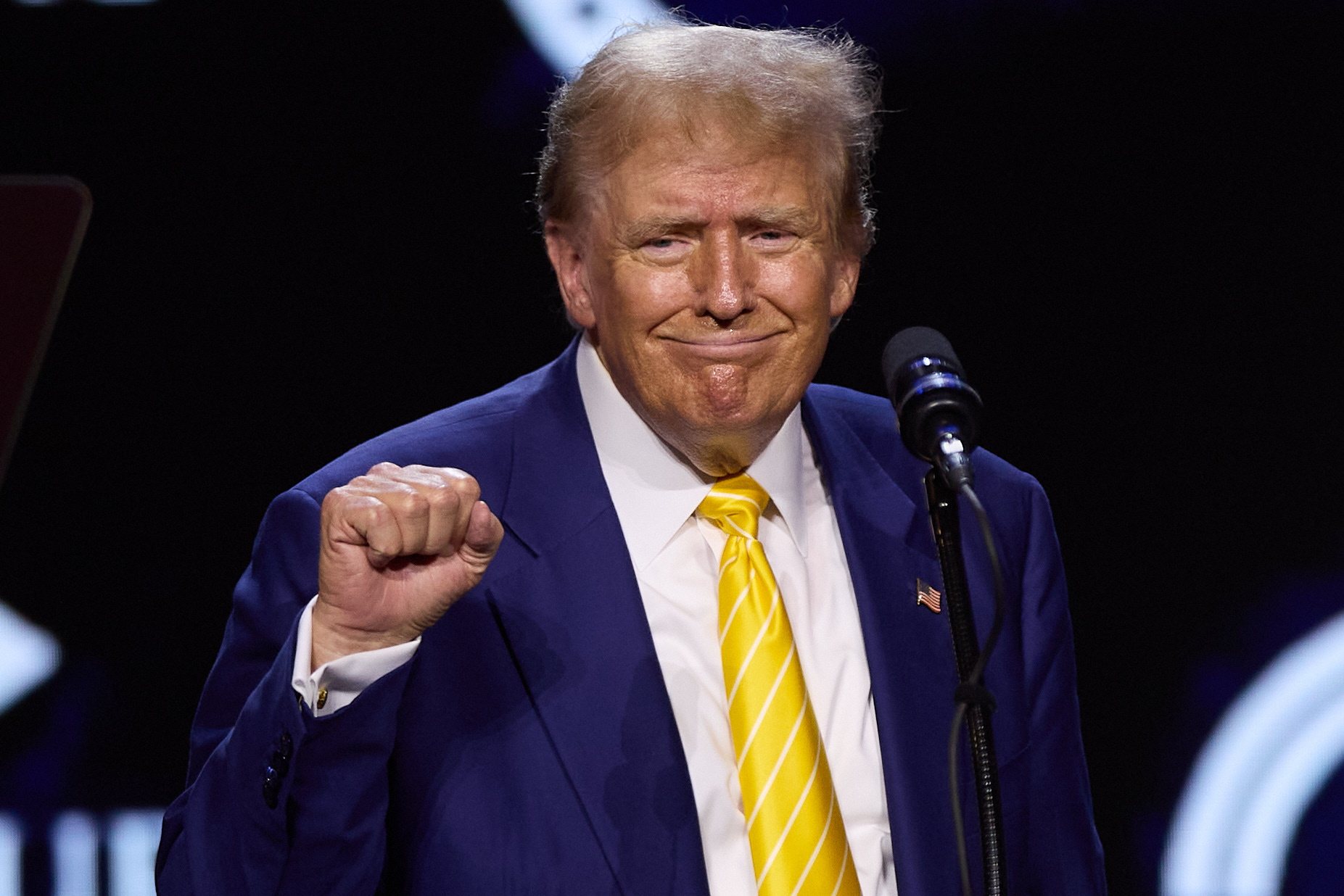 epa11394682 Republican presidential candidate former President Donald Trump gestures during the &#039;Chase the Vote - A Town Hall&#039; at Dream City Church in Phoenix, Arizona, USA, 06 June 2024.  EPA/ALLISON DINNER