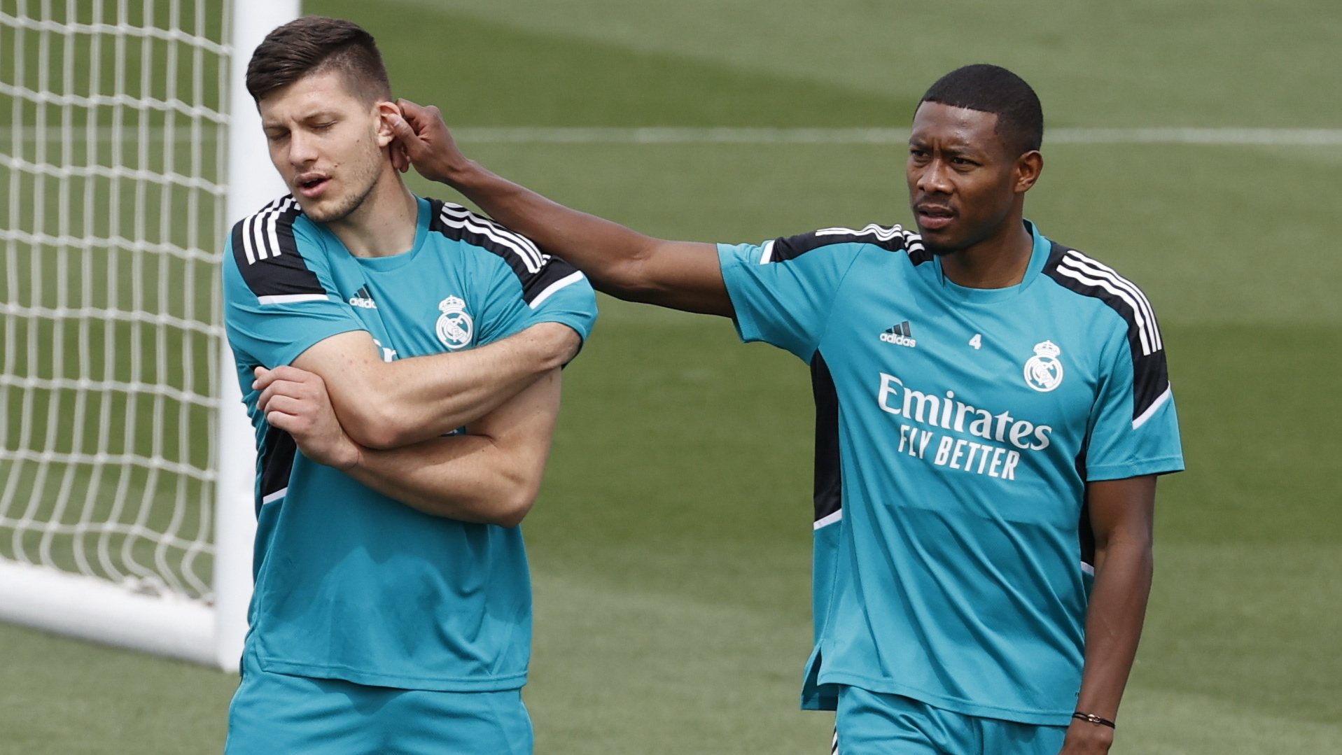 epa09971506 Real Madrid players Luka Jovic (L) and David Alaba (R) attend their team&#039;s training session at Valdebebas&#039; Sports City, near Madrid, Spain, 24 May 2022. Real Madrid will face Liverpool FC in their UEFA Champions League final on 28 May 2022 in Saint-Denis, near Paris, France.  EPA/JUAN CARLOS HIDALGO