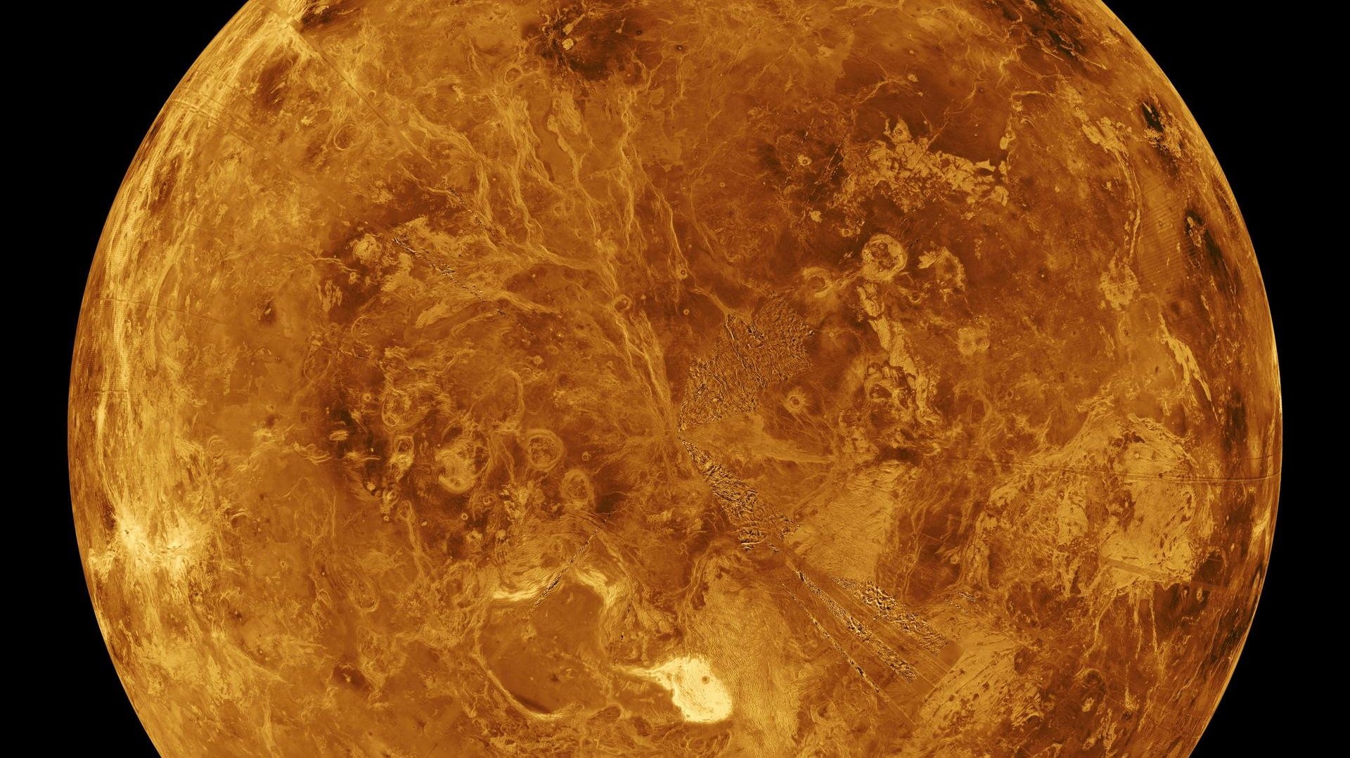 Venus – Computer Simulated Global View of the Northern Hemisphere The northern hemisphere is displayed in this global view of the surface of Venus as seen by NASA Magellan spacecraft.