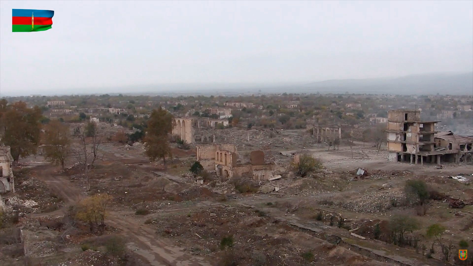 epa08831723 A handout still image taken from a video footage released 20 November 2020 by the press service of the Azerbaijan&#039;s Defence Ministry shows a general view of a ruined city of Aghdam in the Aghdam region, Azerbaijan, 20 November 2020. In accordance with the trilateral statement signed by the Azerbaijan&#039;s and Russian Presidents and  Armenian Prime Minister, the Azerbaijani army units entered the Aghdam region on 20 November 2020 and took it under the Azerbaijani control.  EPA/AZERBAIJAN DEFENCE MINISTRY / HANDOUT MANDATORY CREDIT/BEST QUALITY AVAILABLE/ HANDOUT EDITORIAL USE ONLY/NO SALES