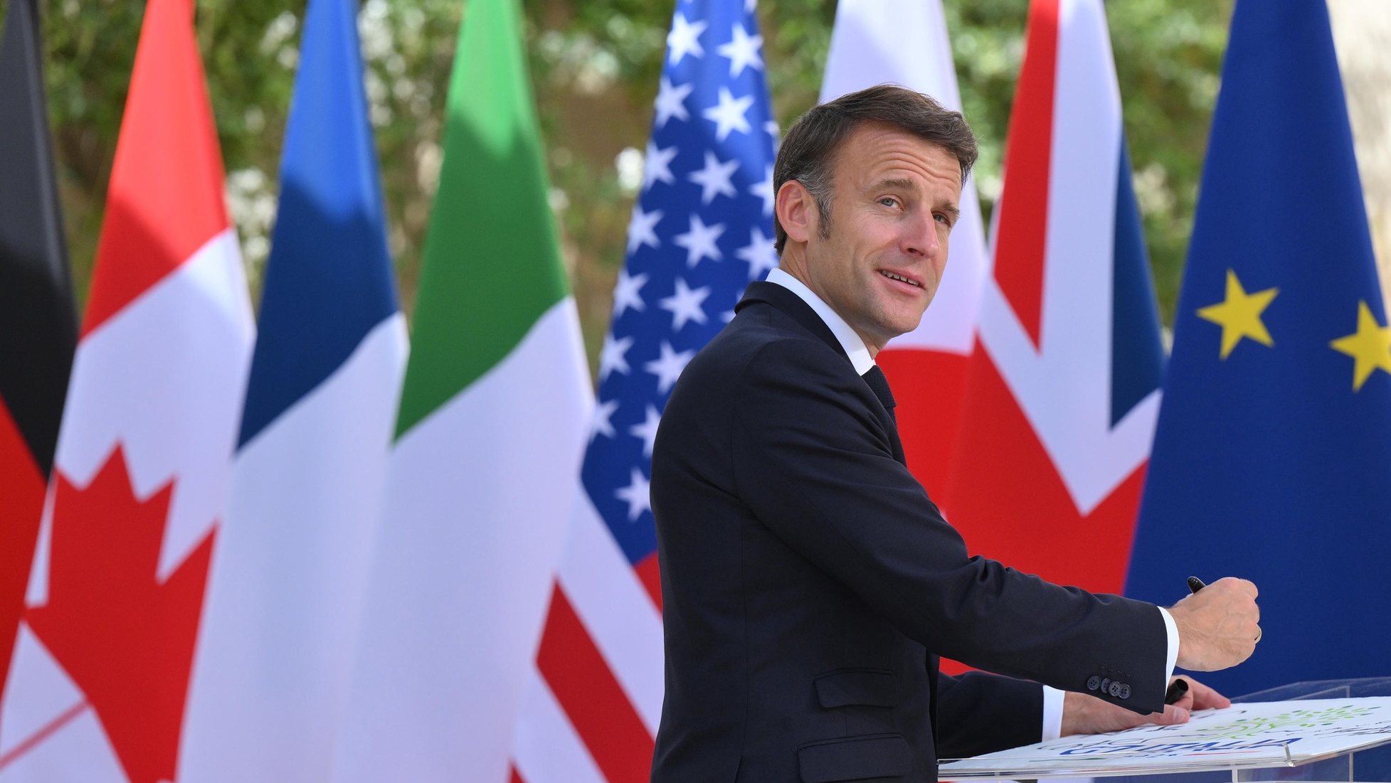 epa11407587 French President Emmanuel Macron during a welcome ceremony for the G7 summit in Borgo Egnazia, southern Italy, 13 June 2024. The 50th G7 summit will bring together the Group of Seven member states leaders in Borgo Egnazia resort in southern Italy from 13 to 15 June 2024.  EPA/ETTORE FERRARI