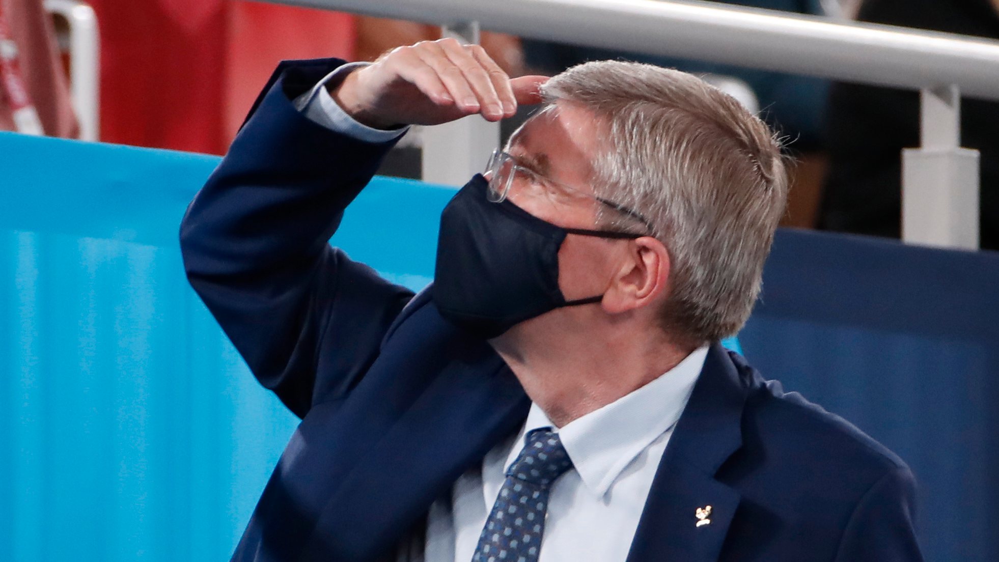 epa09370541 The president of the International Olympic Committee Thomas Bach reacts during the Artistic Gymnastics Women Final of the Tokyo 2020 Olympic Games at the Ariake Gymnas?tics Centre in Tokyo, Japan, 27 July 2021.  EPA/TATYANA ZENKOVICH