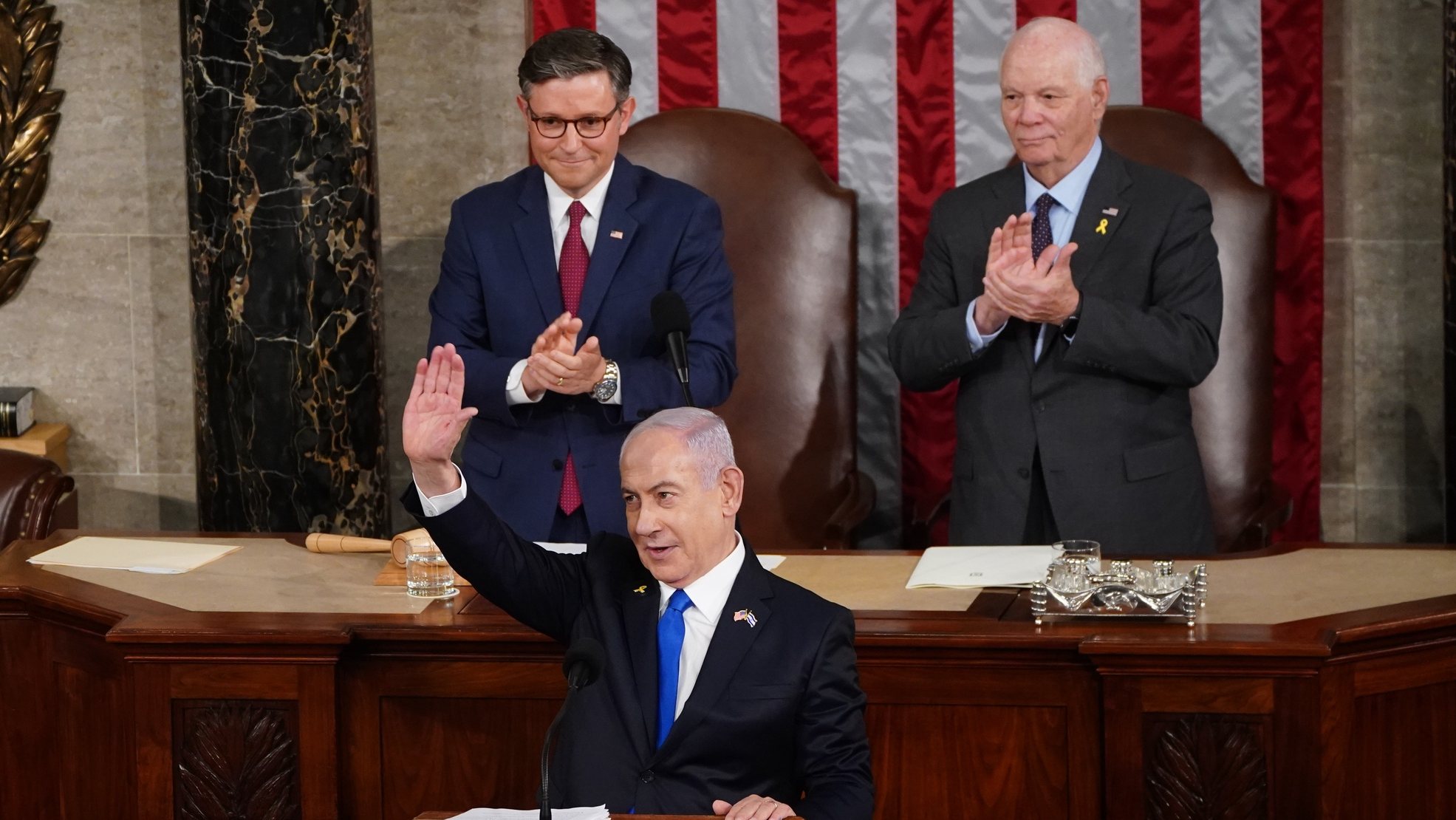 epa11494567 Prime Minister of Israel Benjamin Netanyahu gestures ahead of delivering an address to a joint meeting of Congress in the chamber of the US House of Representatives on Capitol Hill in Washington, DC, USA, 24 July 2024. Netanyahu&#039;s address to a joint meeting of the US Congress comes amid a close 2024 US presidential election cycle. Thousands of pro-Palestinian protesters were expected to gather near the US Capitol when Netanyahu becomes the first leader to address the US Congress four times.  EPA/WILL OLIVER