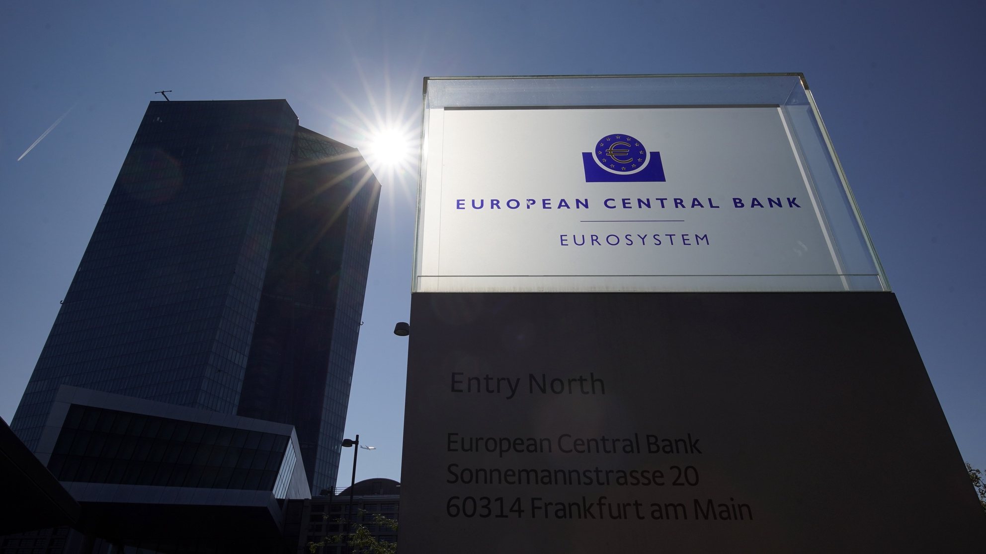 epa09658527 (FILE) - A sign leads to the entrance of the new building of the European Central Bank (ECB) in Frankfurt am Main, Germany, 09 September 202 (reissued 28 December 2021). The ECB moved to their new building in Frankfurt&#039;s Ostend district in early 2015. The new year&#039;s 01 January 2022 marks the 20th anniversary of the introduction of Europe&#039;s first ever single currency. A dozen European countries with Austria, Belgium, Finland, France, Germany, Greece, Ireland, Italy, Luxembourg, the Netherlands, Portugal and Spain initially joined in blazing the euro trail.  EPA/RONALD WITTEK *** Local Caption *** 56432902