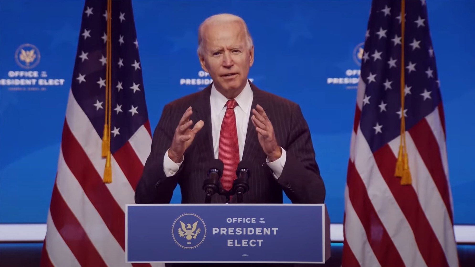 epa08830999 A frame grab from a handout video released by the Office of the President Elect shows US President-Elect Joseph R. Biden addressing the media during a press conference in Wilmington, Delaware, USA, 19 November 2020 (issued 20 November 2020). Georgia state authorities confirmed 19 November US President-elect Joe Biden won the the election in Georgia following a recount. It was the first time the Democrats won a presidential election race in Georgia since 1992 when Bill Clinton was elected.  EPA/OFFICE OF THE PRESIDENT ELECT/HANDOUT BEST QUALITY AVAILABLE HANDOUT EDITORIAL USE ONLY/NO SALES