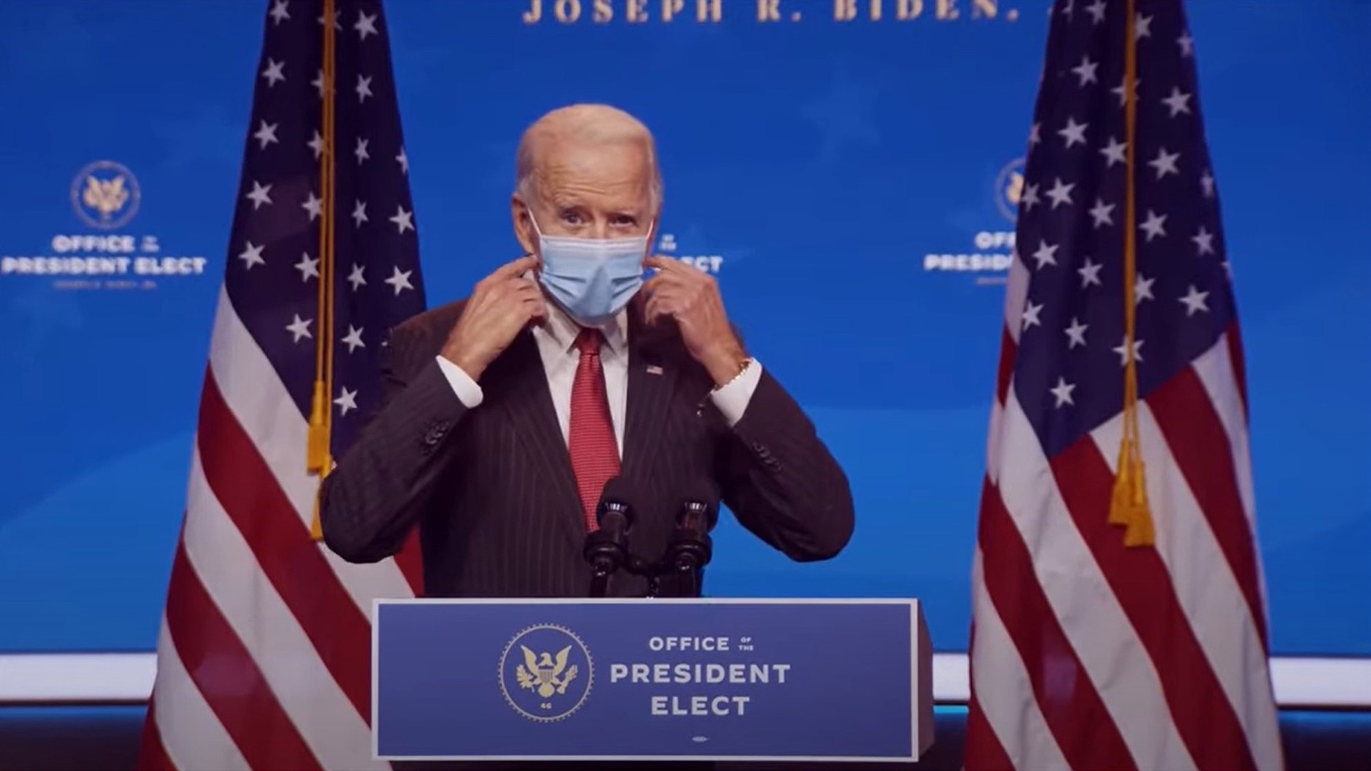 epa08830983 A frame grab from a handout video released by the Office of the President Elect shows US President-Elect Joseph R. Biden removing his face mask before addressing the media during a press conference in Wilmington, Delaware, USA, 19 November 2020 (issued 20 November 2020). Georgia state authorities confirmed 19 November US President-elect Joe Biden won the the election in Georgia following a recount. It was the first time the Democrats won a presidential election race in Georgia since 1992 when Bill Clinton was elected.  EPA/OFFICE OF THE PRESIDENT ELECT/HANDOUT BEST QUALITY AVAILABLE HANDOUT EDITORIAL USE ONLY/NO SALES