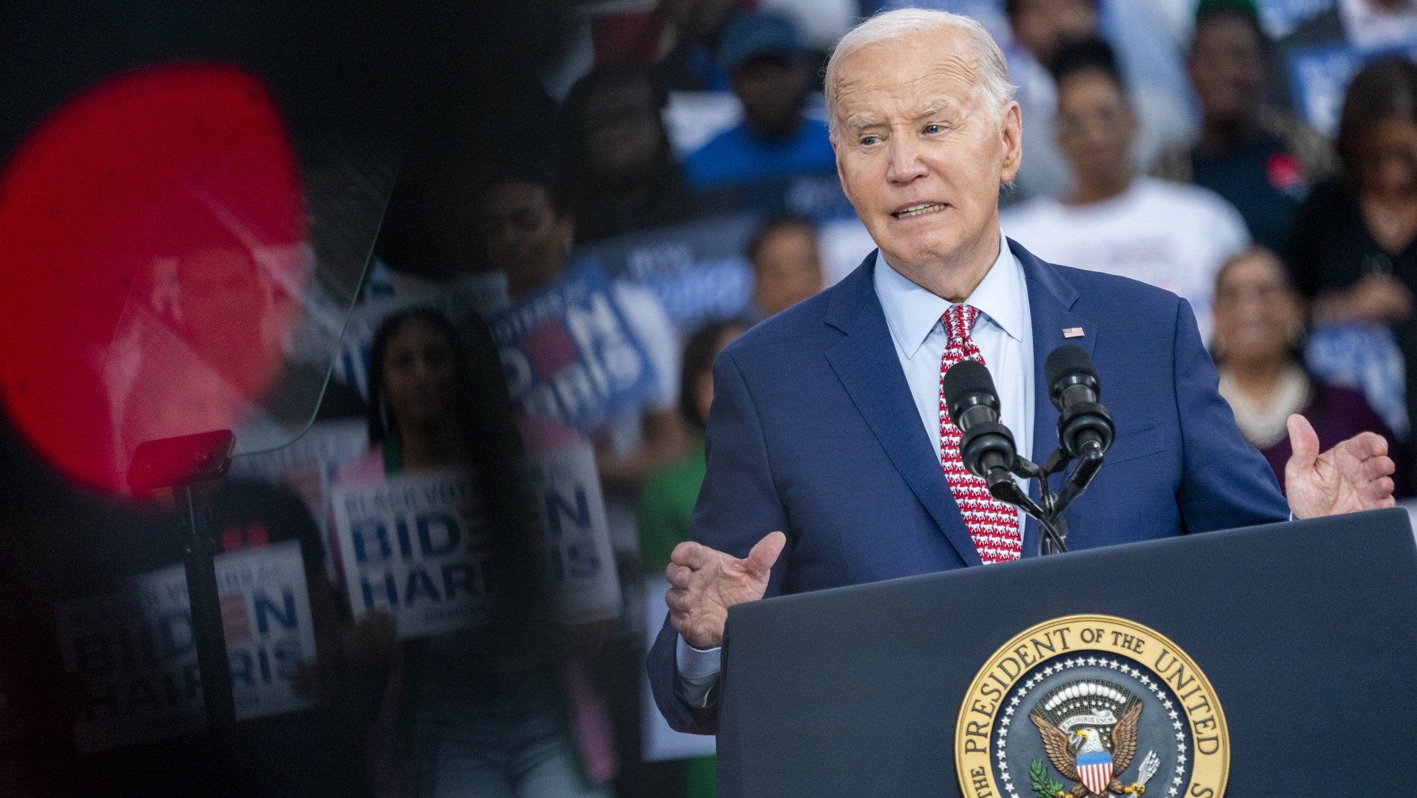 epa11378277 US President Joe Biden delivers remarks during a campaign rally at Girard College in Philadelphia, Pennsylvania, USA, 29 May 2024. President Biden and Vice President Harris officially launch their Black Voters for Biden-Harris campaign during the rally at Girard College, a majority Black school in Philadelphia.  EPA/SHAWN THEW