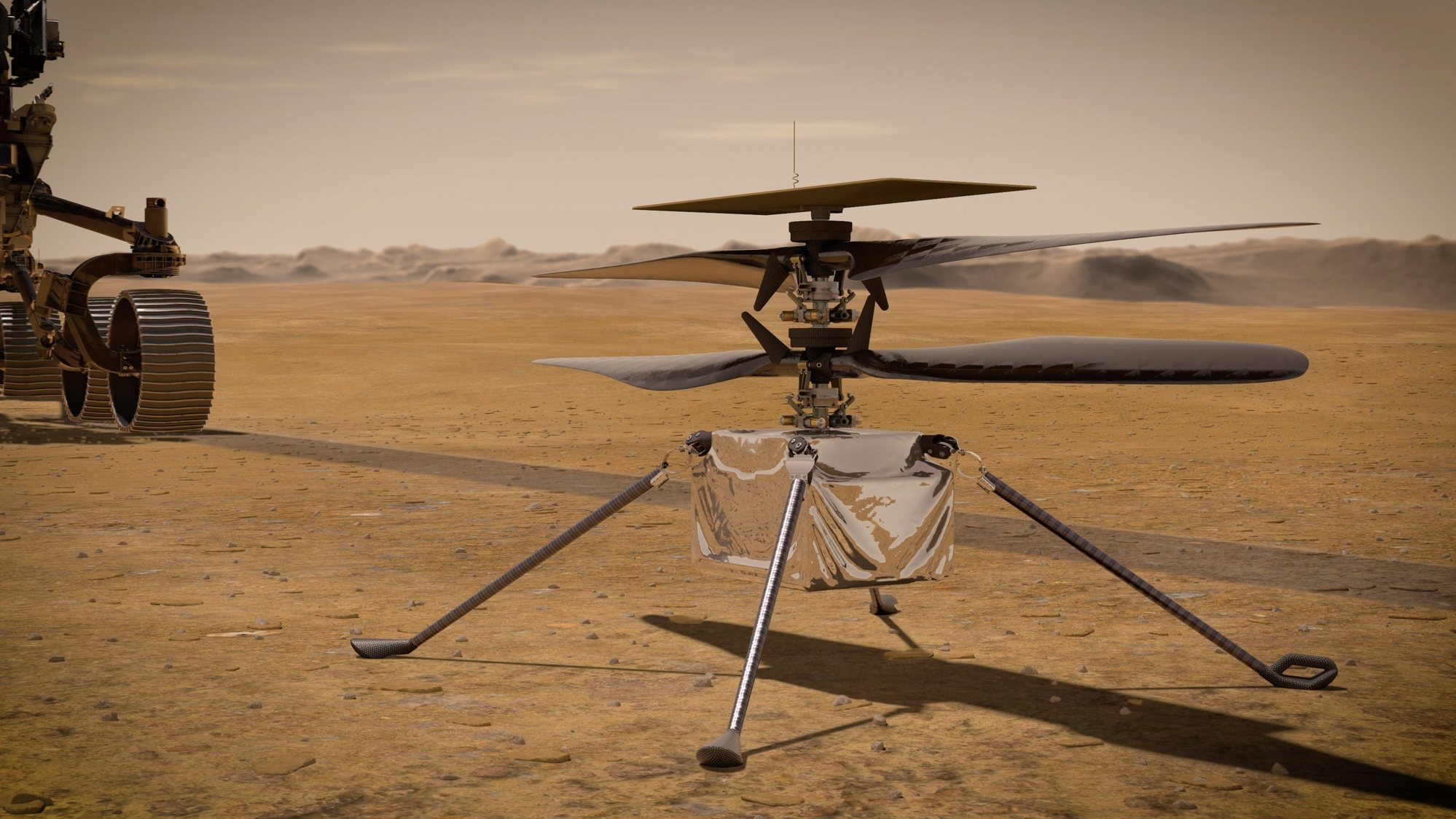 epa09112949 An undated handout artist&#039;s concept made available by NASA shows the Ingenuity Helicopter detached from NASA&#039;s Perseverance Mars rover, issued 03 April 2021. The helicopter is expected to fly in a dedicated fly zone no earlier than 08 April. Having landed on Mars on 18 February, Perseverance&#039;s main mission on Mars is astrobiology and the search for signs of ancient microbial life, according to NASA.  EPA/NASA/JPL-Caltech HANDOUT  HANDOUT EDITORIAL USE ONLY/NO SALES