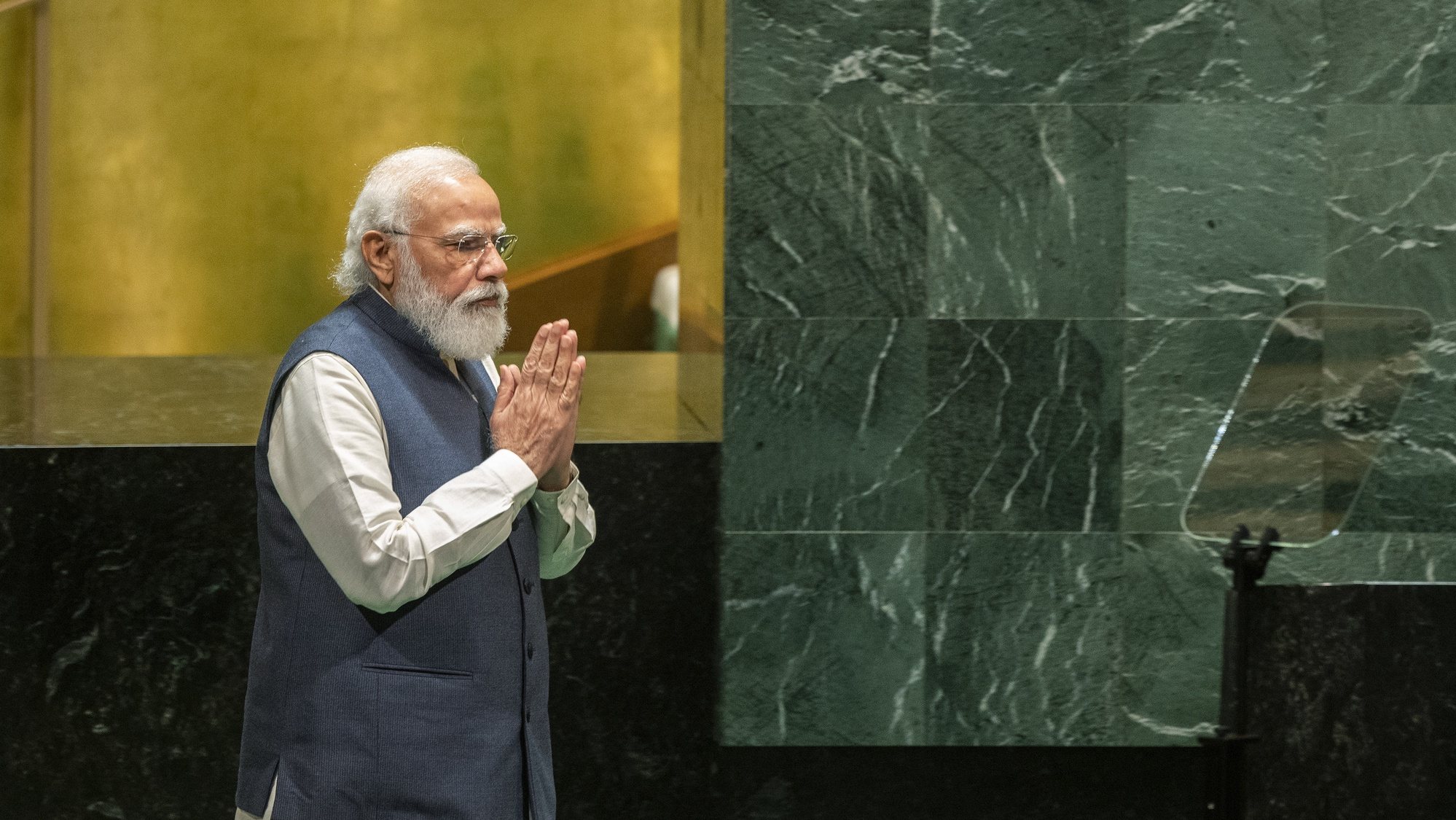 epa09487486 India&#039;s Prime Minister Narendra Modi arrives to address the 76th Session of the U.N. General Assembly in New York City, New York, USA, 25 September 2021.  EPA/EDUARDO MUNOZ / POOL