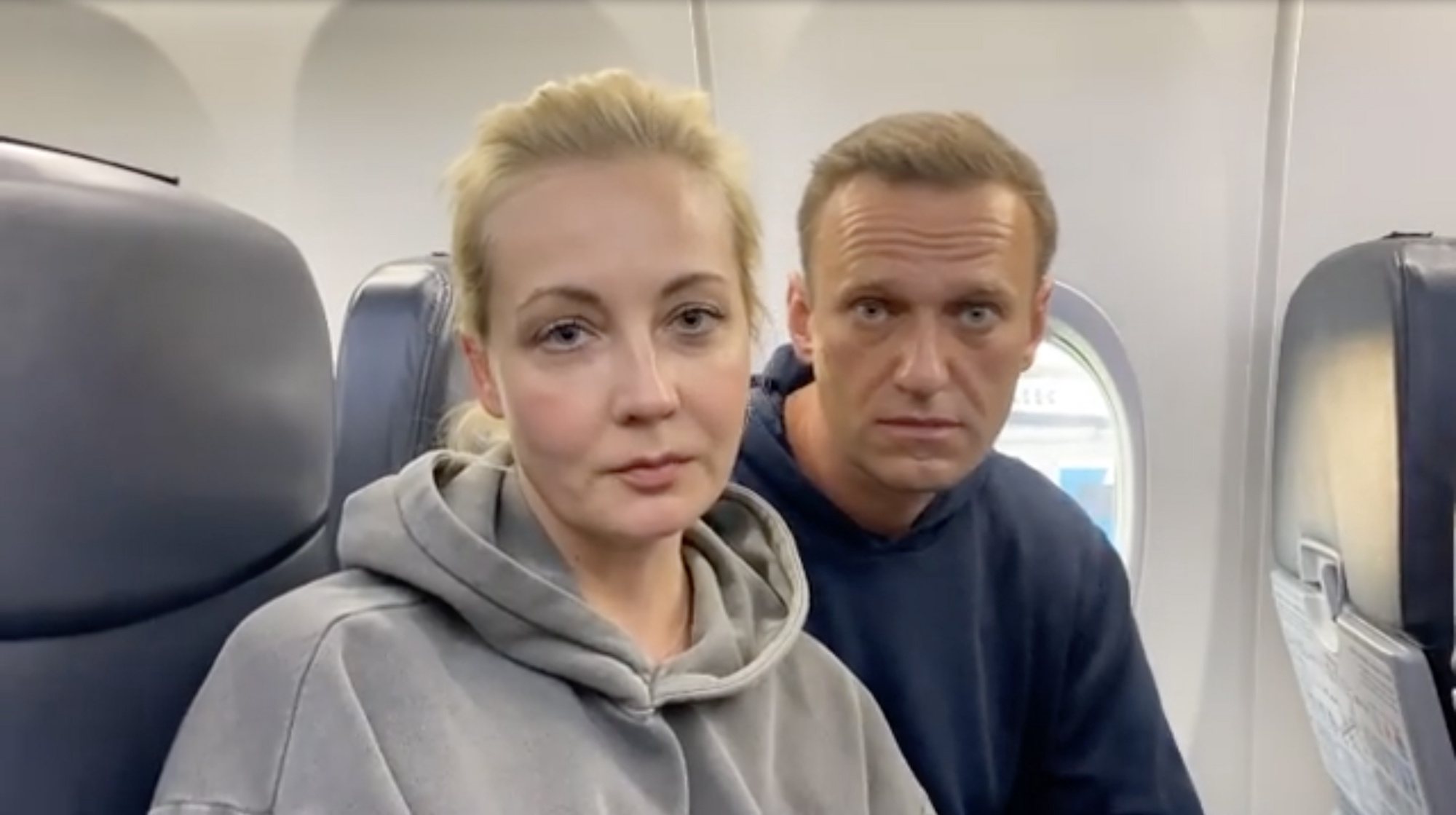 epa08959647 A frame grab of Alexei Navalny and Yulia Navalnaya taken from a video posted on the Instagram account @navalny shows Russian opposition Leader Alexei Navalny before his flight at the Berlin Brandenburg International Airport BER in Schoenefeld, Germany, 17 January 2021 (reissued 23 January 2021). Yulia Navalnaya, wife of Russian opposition leader Alexei Navalny, said 23 January 2021 she has been arrested by police during the protests in Moscow, Russia.  EPA/ALEXEI NAVALNY INSTAGRAM *** Local Caption *** 56625894