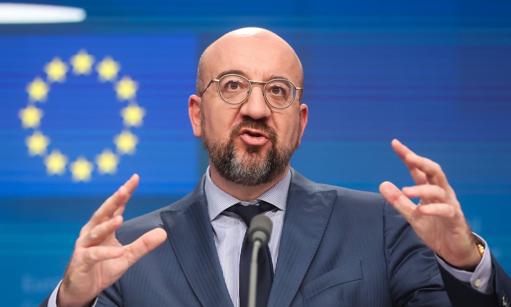 epa11236445 European Council President Charles Michel holds a press conference at the end of the second day of a European Council meeting in Brussels, Belgium, 22 March 2024.  EPA/OLIVIER HOSLET