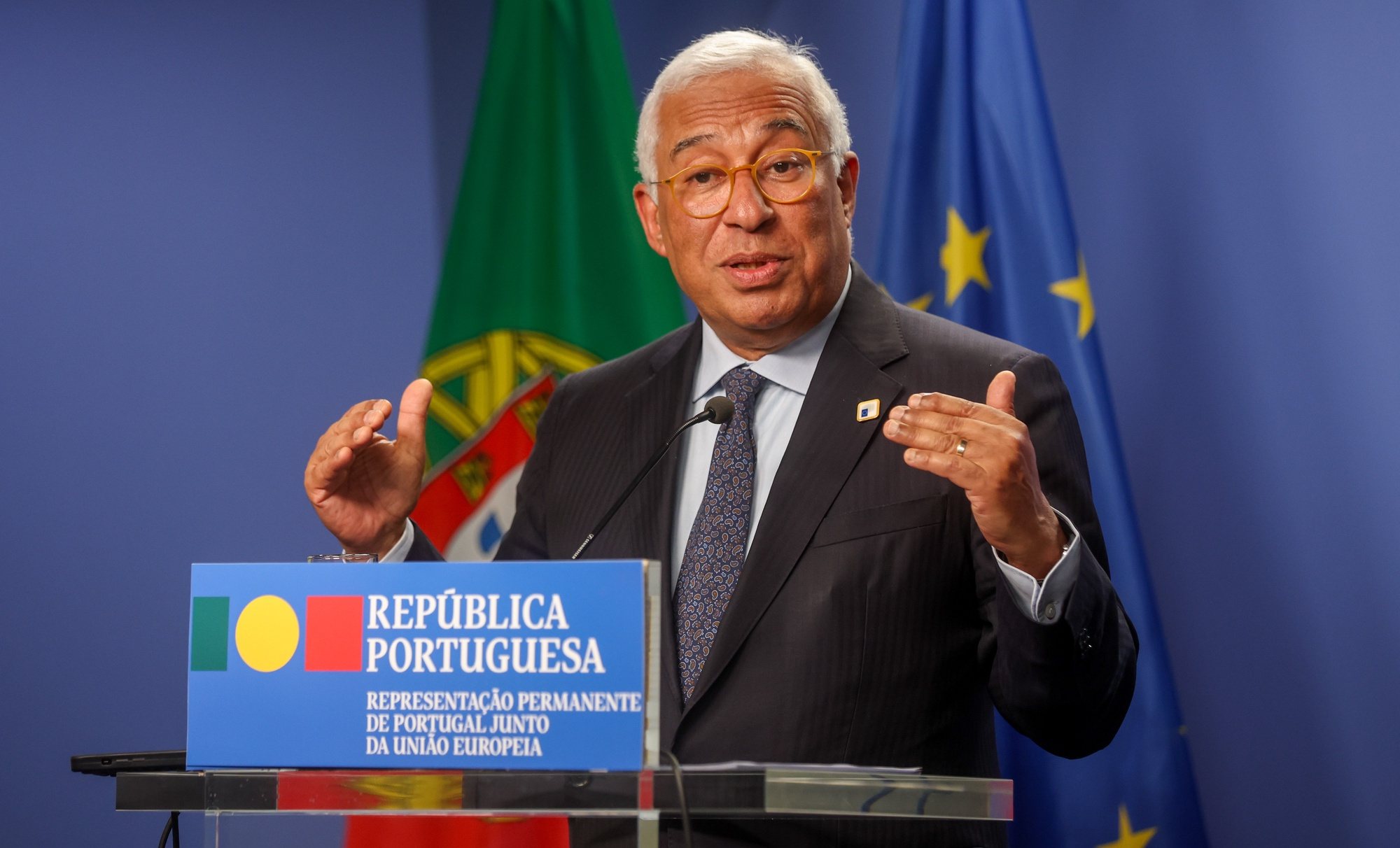 epa11236447 Portugal&#039;s outgoing Prime Minister Antonio Costa holds a press conference at the end of the second day of a European Council meeting in Brussels, Belgium, 22 March 2024.  EPA/OLIVIER HOSLET