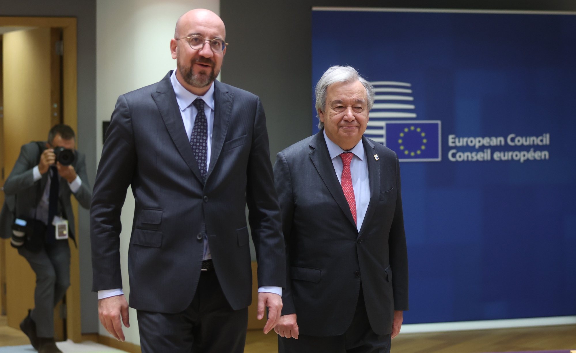 epa11233853 European Council President Charles Michel (L) and United Nations Secretary-General Antonio Guterres during the European Council meeting in Brussels, Belgium, 21 March 2024. EU leaders are expected to address security and defence, continued support to Ukraine and the situation in the Middle-East as well as the EU&#039;s enlargement, external relations, migration, agriculture and the European Semester during a two-day summit.  EPA/OLIVIER HOSLET