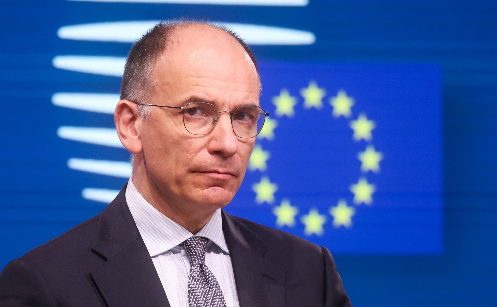 epa11284014 Enrico Letta, former President of the Italian Council and President of the Jacques Delors Institute and author of the High-Level Report on the future of the Single Market,  gives a press conference before the Special European council in Brussels, Belgium, 17 April 2024. Over a two-day summit, EU leaders will discuss economy and competitiveness issues, Ukraine and the Middle East.  EPA/OLIVIER HOSLET
