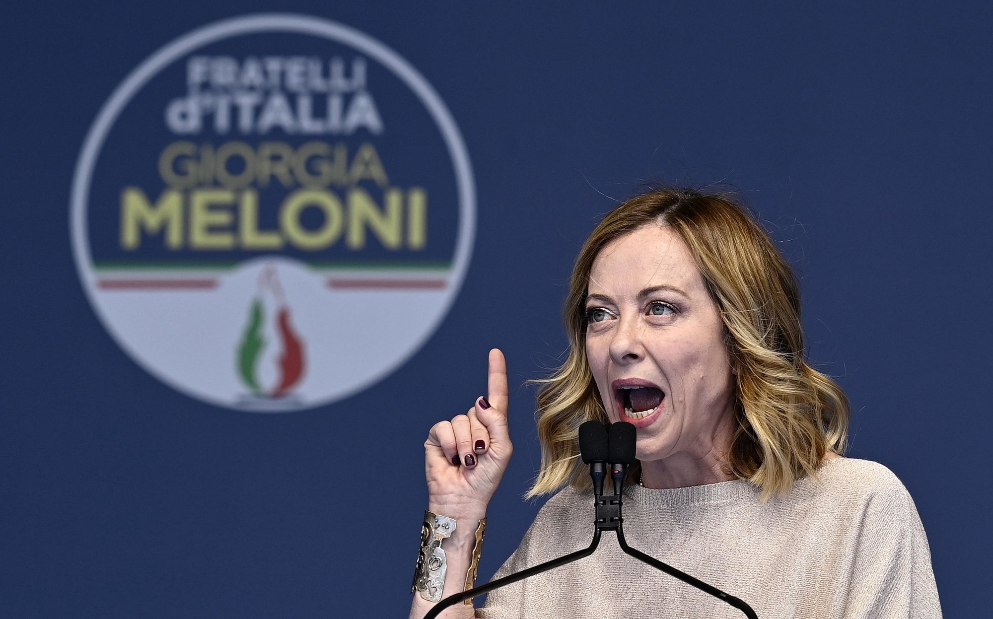 epa11383784 Italian Prime Minister Giorgia Meloni addresses an event marking the closing of the campaign for the Fratelli Dâ€™Italia party ahead of the European Elections, in Rome, Italy, 01 June 2024. The European Parliament elections will be held on 06-09 June 2024.  EPA/Riccardo Antimiani