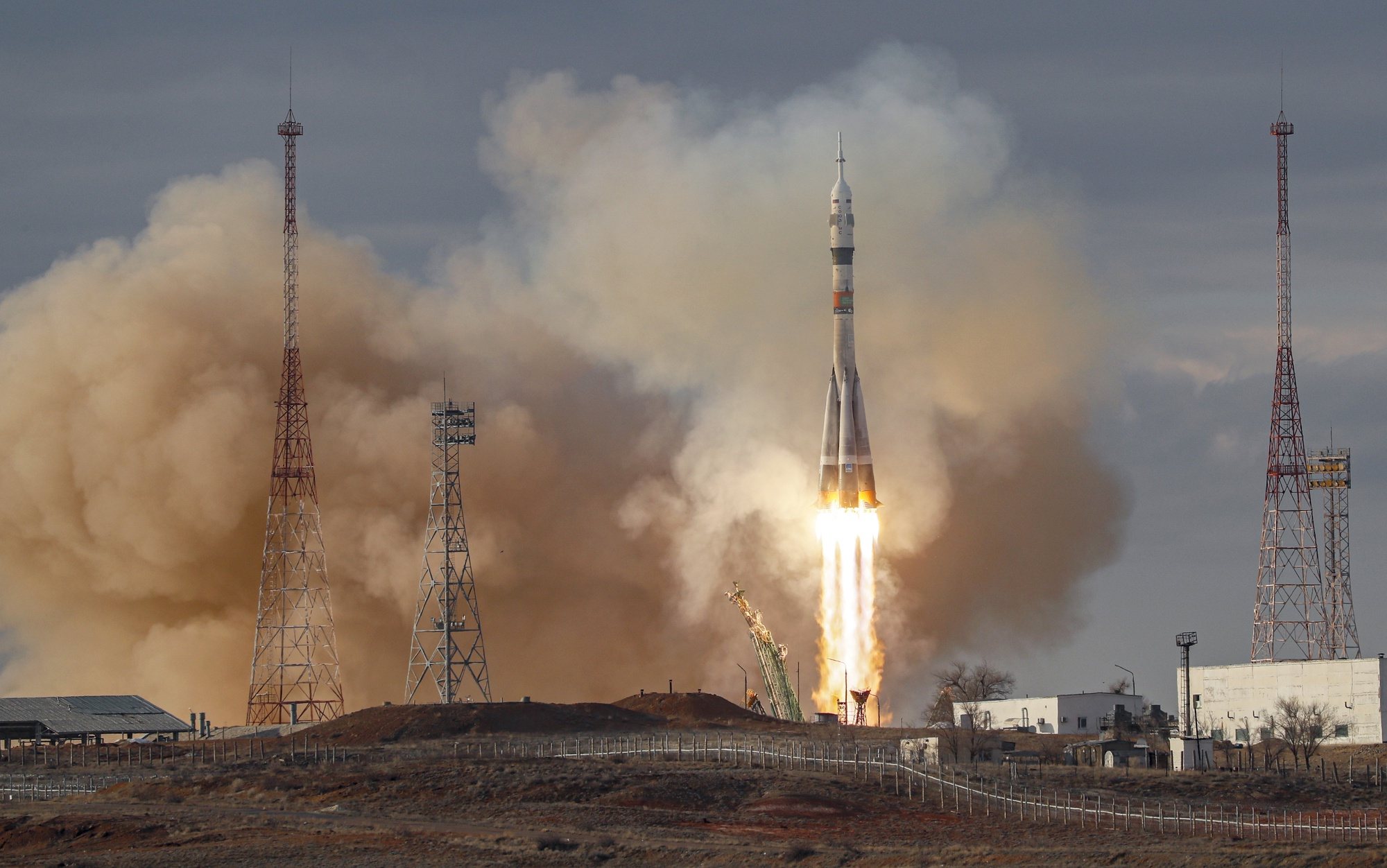 epa11238755 Soyuz MS-25 spacecraft with crew members of expedition 70/71 to International Space Station (ISS) lifts off from the launch pad at the Baikonur cosmodrome, Kazakhstan, 23 March 2024. The 21 March launch of the crewed Soyuz-25 spacecraft from Kazakhstan&#039;s Baikonur Cosmodrome to the International Space Station (ISS) has been canceled, Russia&#039;s state space corporation Roscosmos said. &#039;Today&#039;s Soyuz launch was aborted at the 20-second mark. The launch of Soyuz MS-25 has been postponed to March 23. The main crew of the ship included Russian Oleg Novitsky, Belarusian Marina Vasilevskaya and American Tracy Dyson. Vasilevskaya is expected to become the first woman in the history of Belarus to travel into space.  EPA/YURI KOCHETKOV