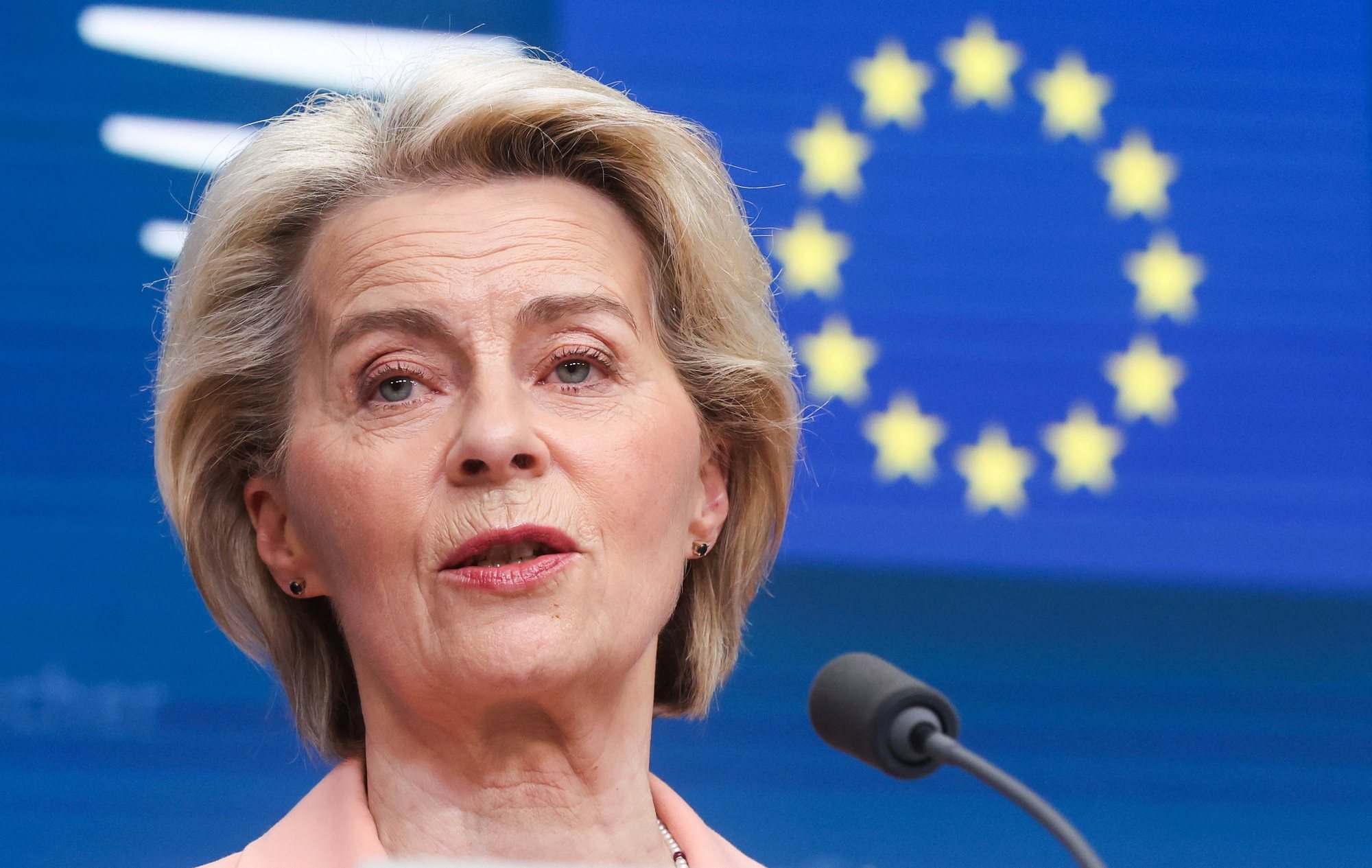 epa11235130 European Commission President Ursula von der Leyen addresses a press conference at the end of the first day of a two-day EU summit in Brussels, Belgium, 21 March 2024. EU leaders are meeting in Brussels to discuss continued support for Ukraine, the developing situation in the Middle East, security and defense, enlargement, external relations, migration, agriculture as well as the European semester.  EPA/OLIVIER HOSLET