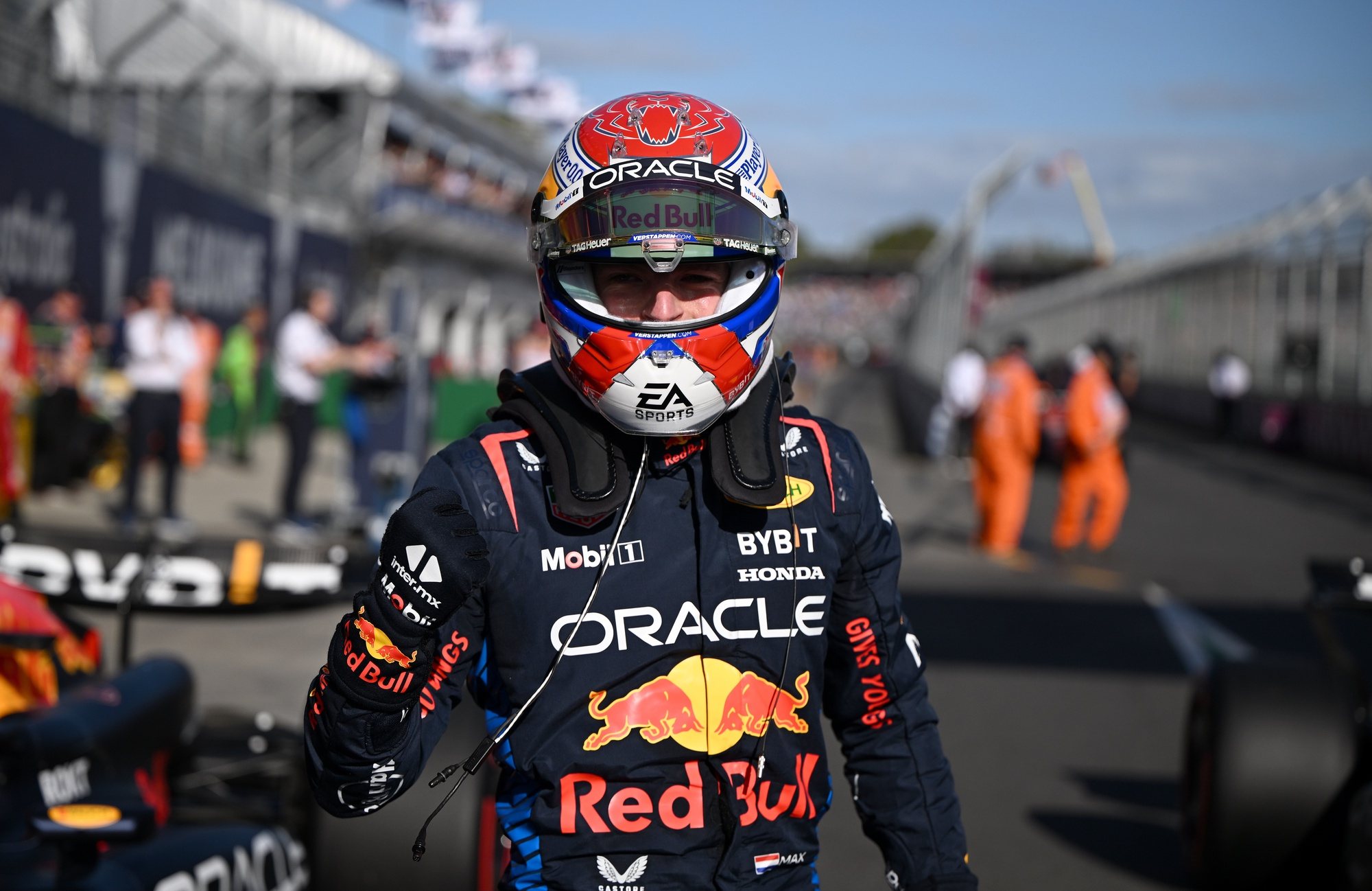 epa11238183 Max Verstappen of Red Bull Racing reacts after securing the pole position following the qualifying session at the Australian Grand Prix 2024 on Albert Park Circuit in Melbourne, Australia 23 March 2024.  EPA/JOEL CARRETT AUSTRALIA AND NEW ZEALAND OUT