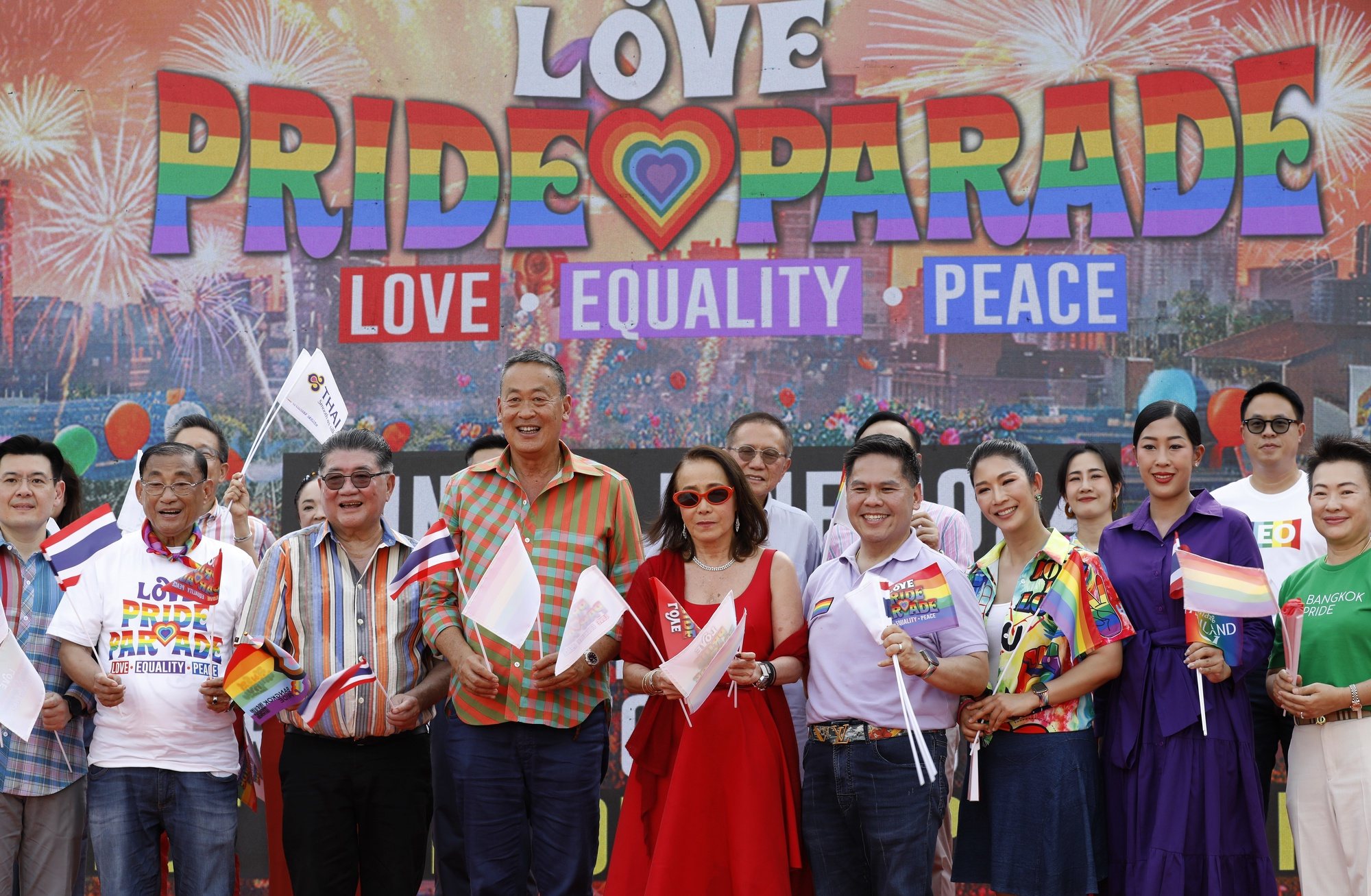 epa11447092 Thai Prime Minister Srettha Thavisin (C-L) poses for a photograph with participants during the LGBTQ+ parade to mark the end of Pride Month celebrations in Bangkok, Thailand, 30 June 2024. Thousands of Thai and international LGBTQIA+ participants took part in the &#039;Love Pride Parade 2024&#039; to mark the end of Pride Month, to promote diversity and equal rights for all members of society as well as to celebrate the Marriage Equality Law. Thai lawmakers passed the bill to legalize same-sex marriage, which makes Thailand the first Southeast Asia country to legalize same-sex marriage. The pride month is celebrated across the world annually in June to commemorate the 1969 Stonewall uprising to raise awareness and promote sexual diversity and equal rights for the Lesbian, Gay, Bisexual, Transgender, and Queer (LGBTQ) community.  EPA/NARONG SANGNAK