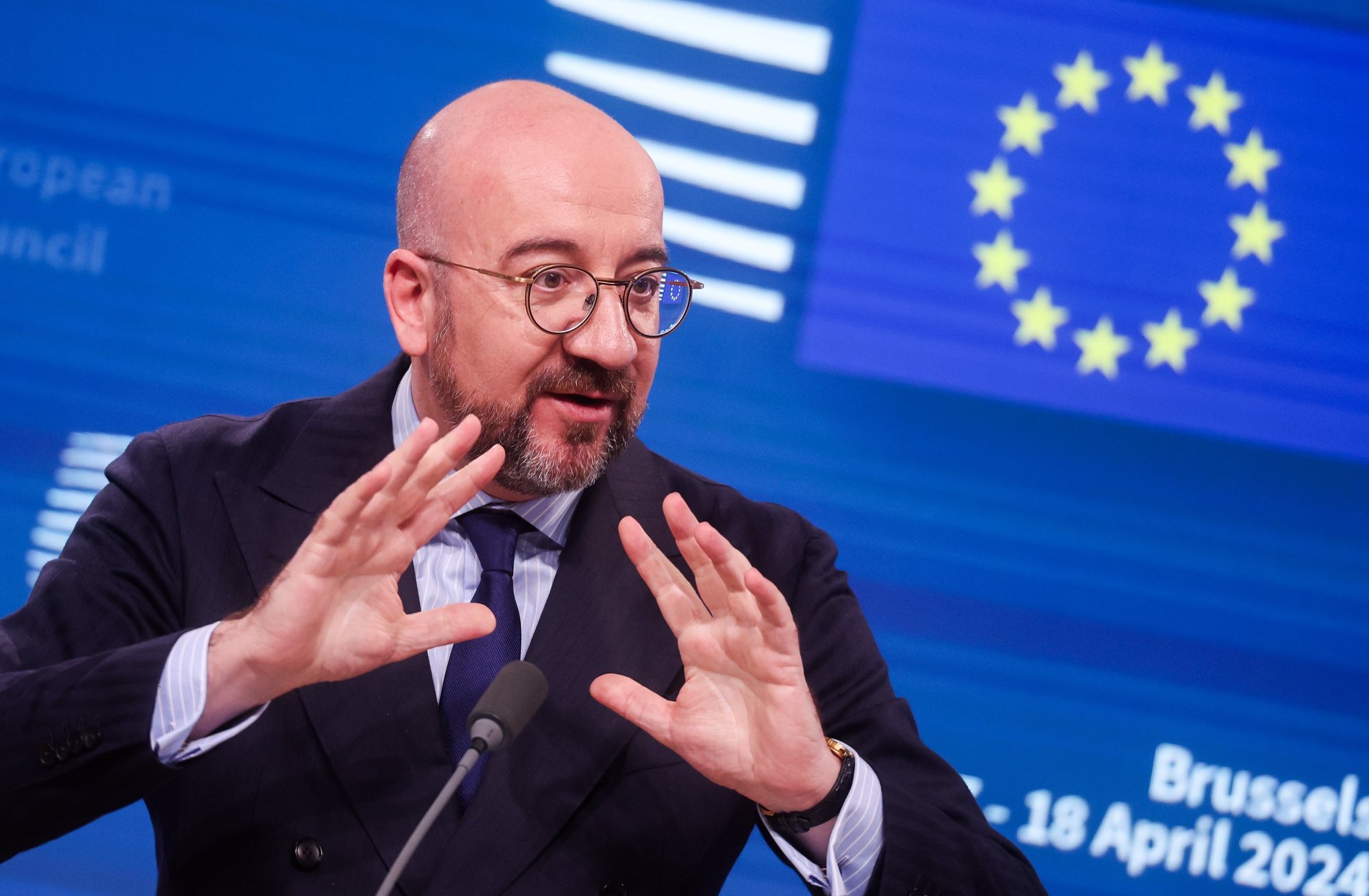 epa11284018 European Council President Charles Michel gives a press conference before the Special European council in Brussels, Belgium, 17 April 2024. Over a two-day summit, EU leaders will discuss economy and competitiveness issues, Ukraine and the Middle East.  EPA/OLIVIER HOSLET
