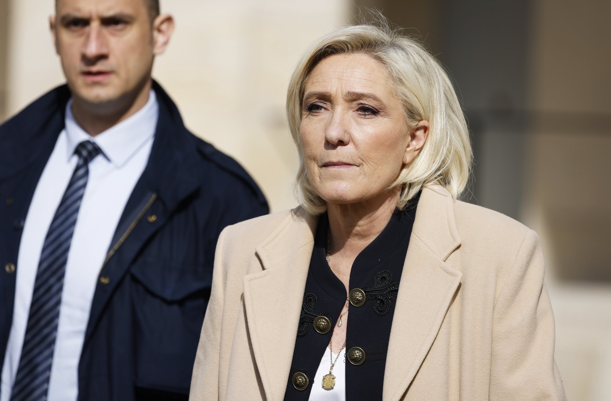 epa11231050 President of the &#039;Rassemblement National&#039; (RN) parliamentary group Marine Le Pen attends a &#039;national tribute&#039; ceremony to late French politician and admiral, Philippe de Gaulle, the son of Charles de Gaulle, at the Hotel des Invalides in Paris, France, 20 March 2024. Admiral Philippe de Gaulle, the eldest child of General Charles de Gaulle, the first president of the French Fifth Republic, died on 13 March in Paris at the age of 102.  EPA/LUDOVIC MARIN / POOL  MAXPPP OUT