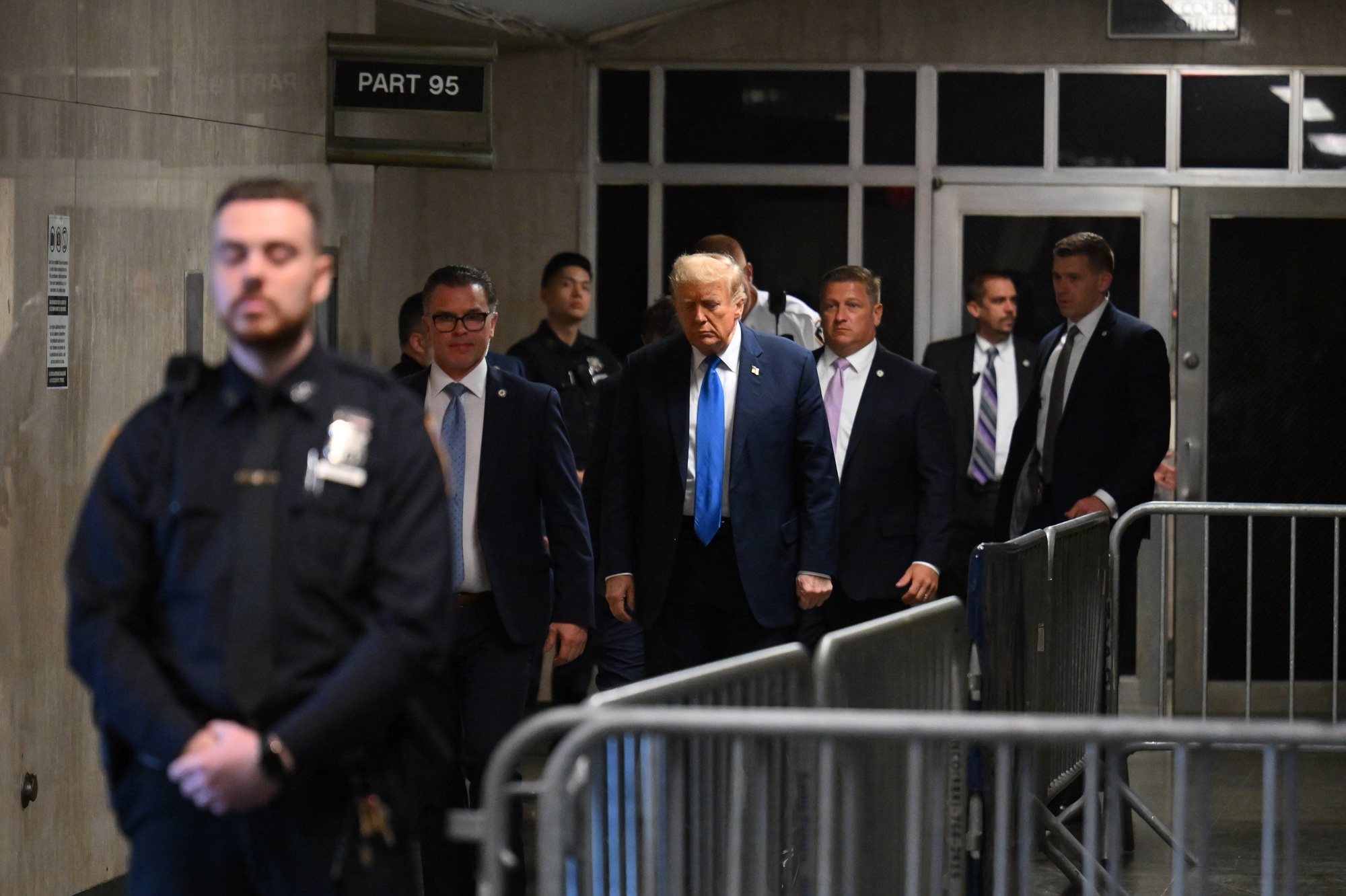 epa11294387 Former US President and current Republican presidential candidate Donald Trump departs following his trial at Manhattan Criminal Court in New York, New York, USA, 22 April 2024. Trump is facing 34 felony counts of falsifying business records related to payments made to adult film star Stormy Daniels during his 2016 presidential campaign.  EPA/ANGELA WEISS / POOL