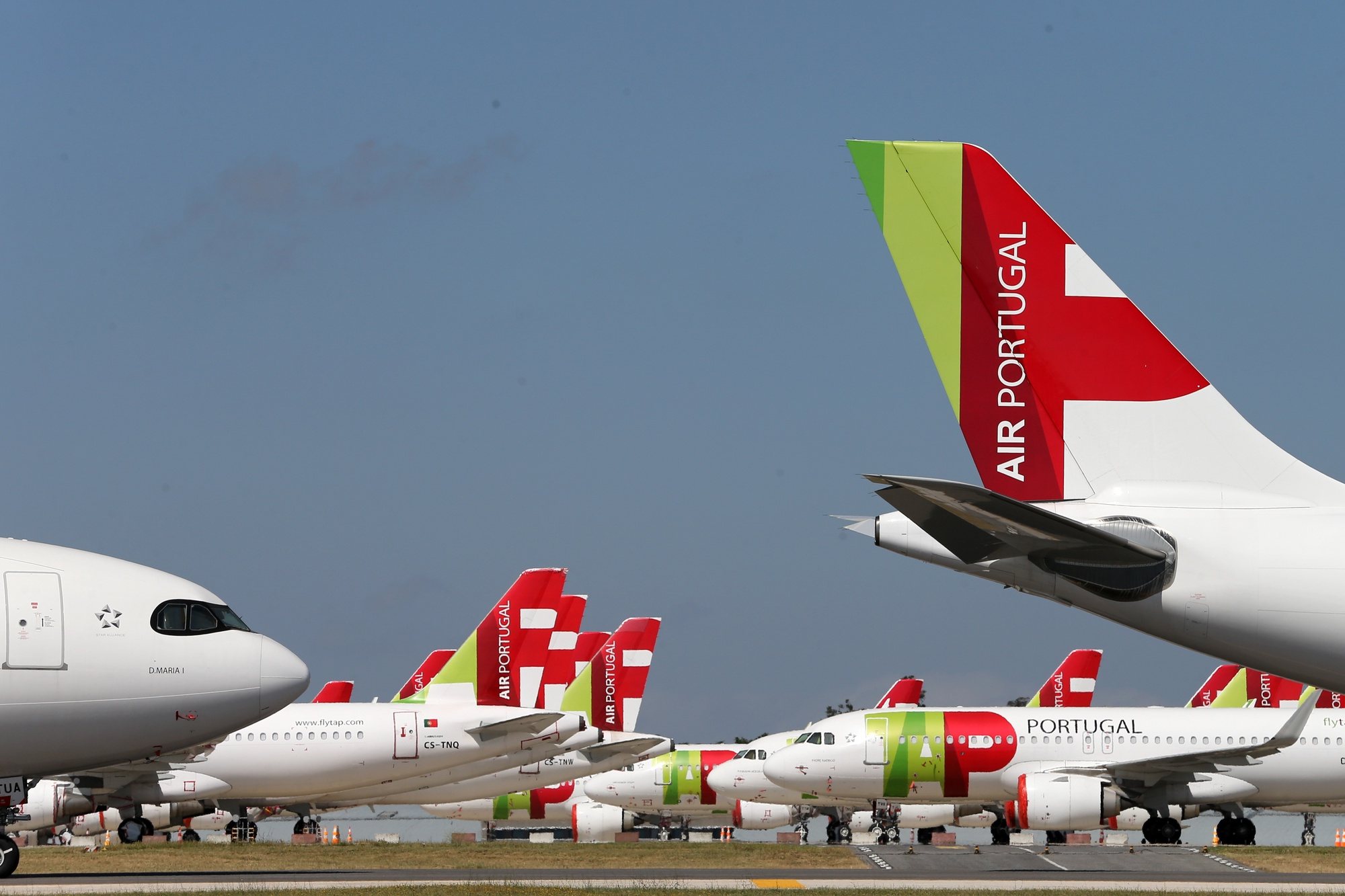 File photo dated from 09 April 2020 of TAP Air Portugal aircraft grounded at Humberto Delgado airport closed for passenger traffic as part of the exceptional traffic measures to combat the epidemiological situation of Covid-19, in Lisbon, Portugal, 09 April 2020 (reissued 02 July 2020). The granting of state support to TAP has been under discussion since the airline&#039;s activity came to a standstill because of the coronavirus pandemic, with an agreed injection of up to 1,200 million euros. MARIO CRUZ/LUSA