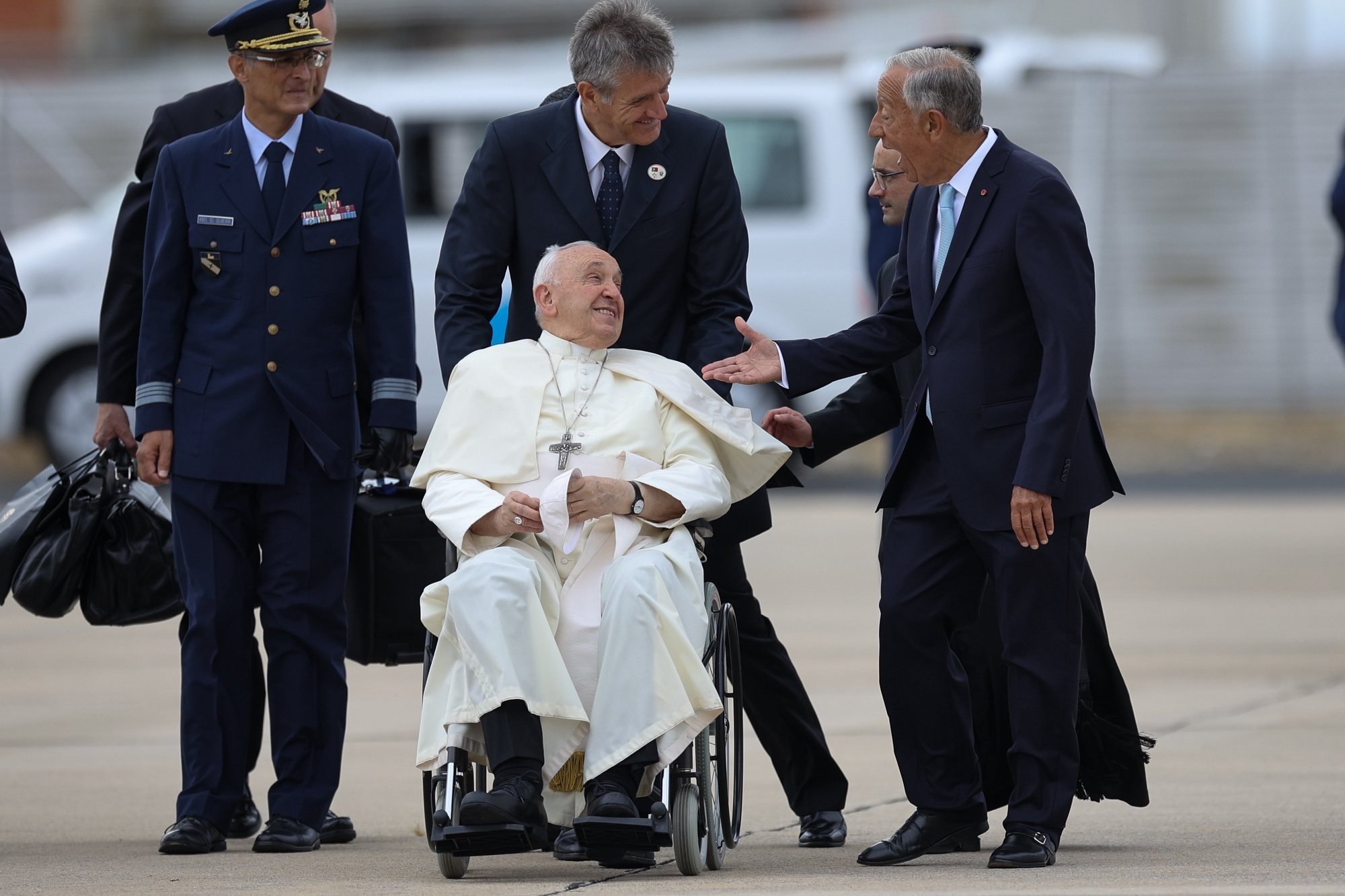 Pope Francis upon his arrival at Figo Maduro airbase is welcomed by Portugal&#039;s Presidente Marcelo Rebelo de Sousa (R) in Lisbon, Portugal, 02 August 2023. The Pontiff will be in Portugal on the occasion of World Youth Day (WYD), one of the main events of the Church that gathers the Pope with youngsters from around the world, that takes place until 06 August. ANTONIO COTRIM/LUSA/POOL