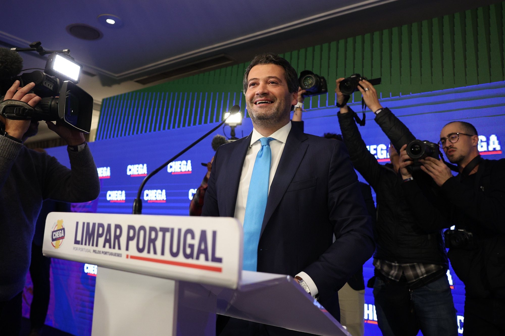 The president of the right-wing Party Chega Andre Ventura holds a press conference during the election night of the legislative elections 2024 at Party headquarters, in Lisbon, Portugal, 10 March 2024. More than 10.8 million Portuguese are expected to vote to elect 230 deputies to the Portuguese Parliament. Eighteen political forces (15 parties and three coalitions) are running in these elections. MIGUEL A. LOPES/LUSA