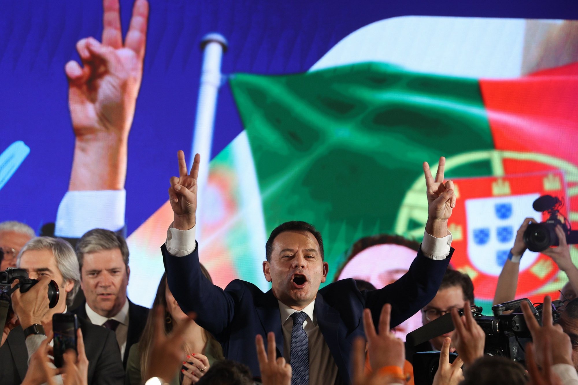 The leader of the Democratic Alliance (AD) coalition and President of the Social Democratic Party (PSD) Luis Montenegro during the victory speech during the election night of the legislative elections 2024 at Party headquarters in Lisbon, Portugal, 11 March 2024. More than 10.8 million Portuguese are expected to vote to elect 230 deputies to the Portuguese Parliament. Eighteen political forces (15 parties and three coalitions) are running in these elections. TIAGO PETINGA/LUSA