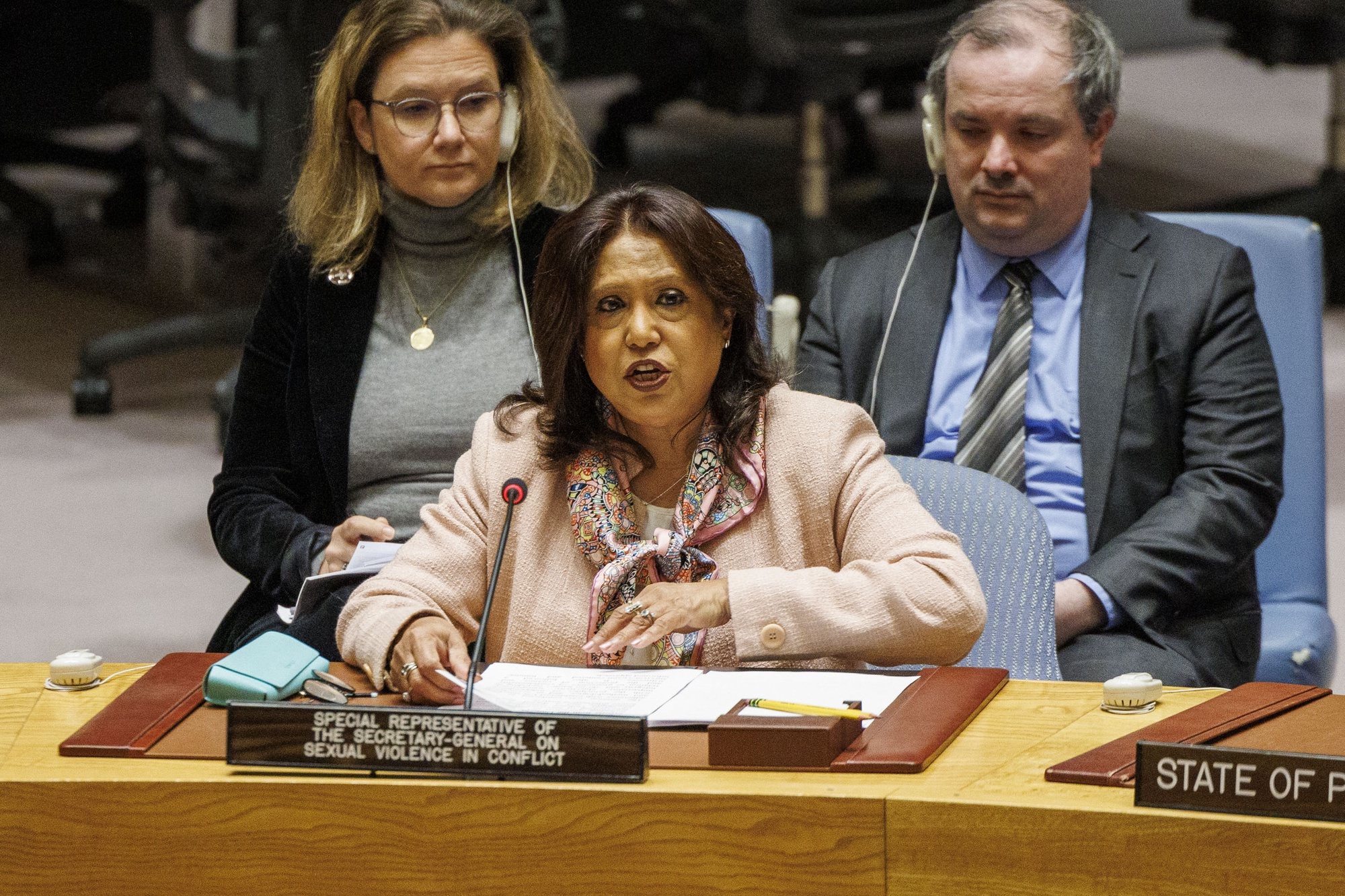 epa11215230 United Nations Special Representative on Sexual Violence in Conflict Pramila Patten (C) speaks during a Security Council meeting about the conflict in the Middle East at the United Nations Headquarters in New York, New York, USA, 11 March 2024.  EPA/SARAH YENESEL