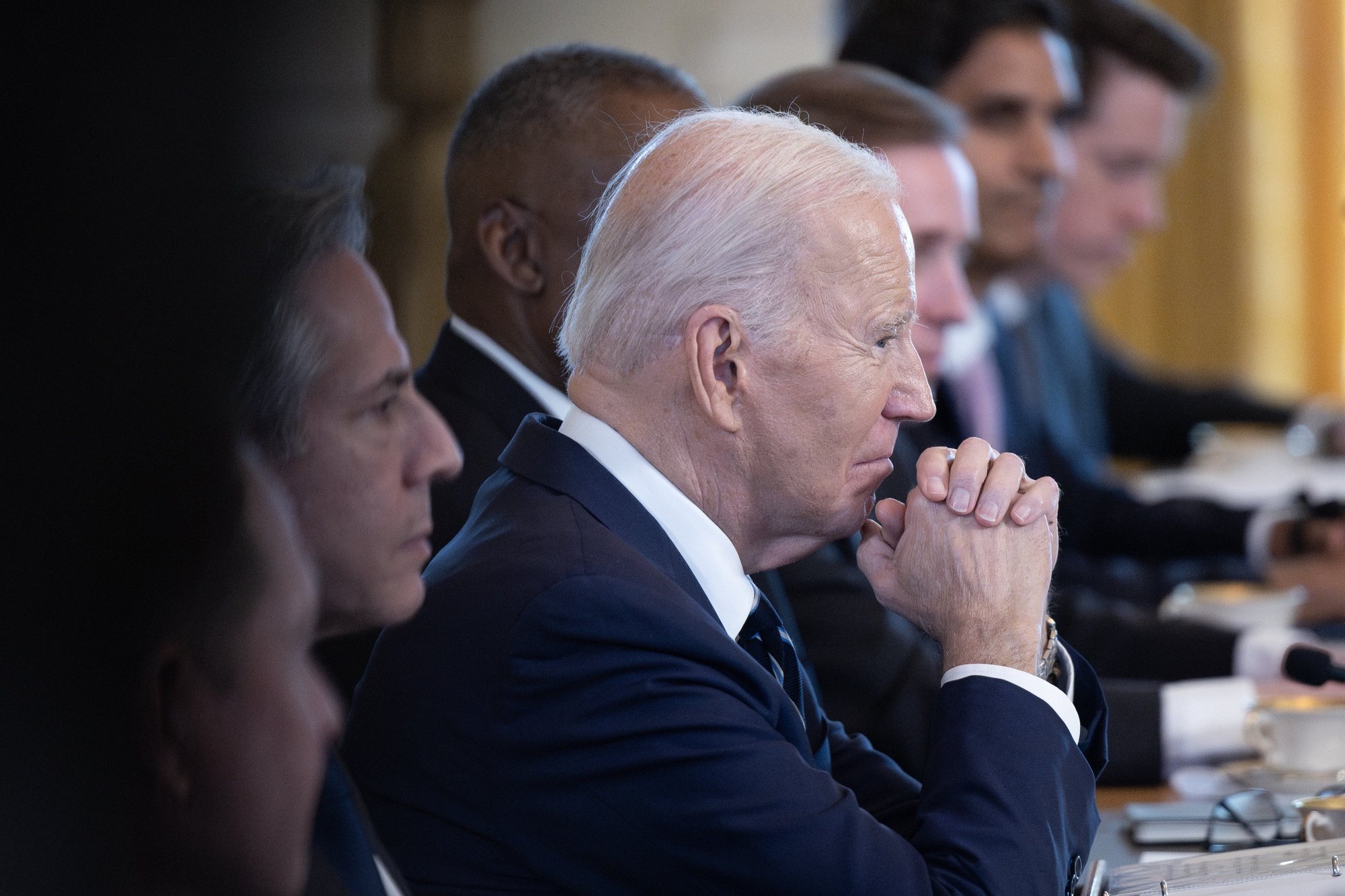 epa11217200 US President Joe Biden (L) listens in during a meeting with Poland&#039;s President Andrzej Duda (not pictured), in the East Room of the White House in Washington, DC, USA, 12 March 2024. US President Biden on 11 March said there was no need for additional US troops to bolster Poland’s border ahead of a request from that country’s head of state for more personnel and military equipment to ease worries over Russian aggression on NATO’s eastern flank.  EPA/TOM BRENNER / POOL