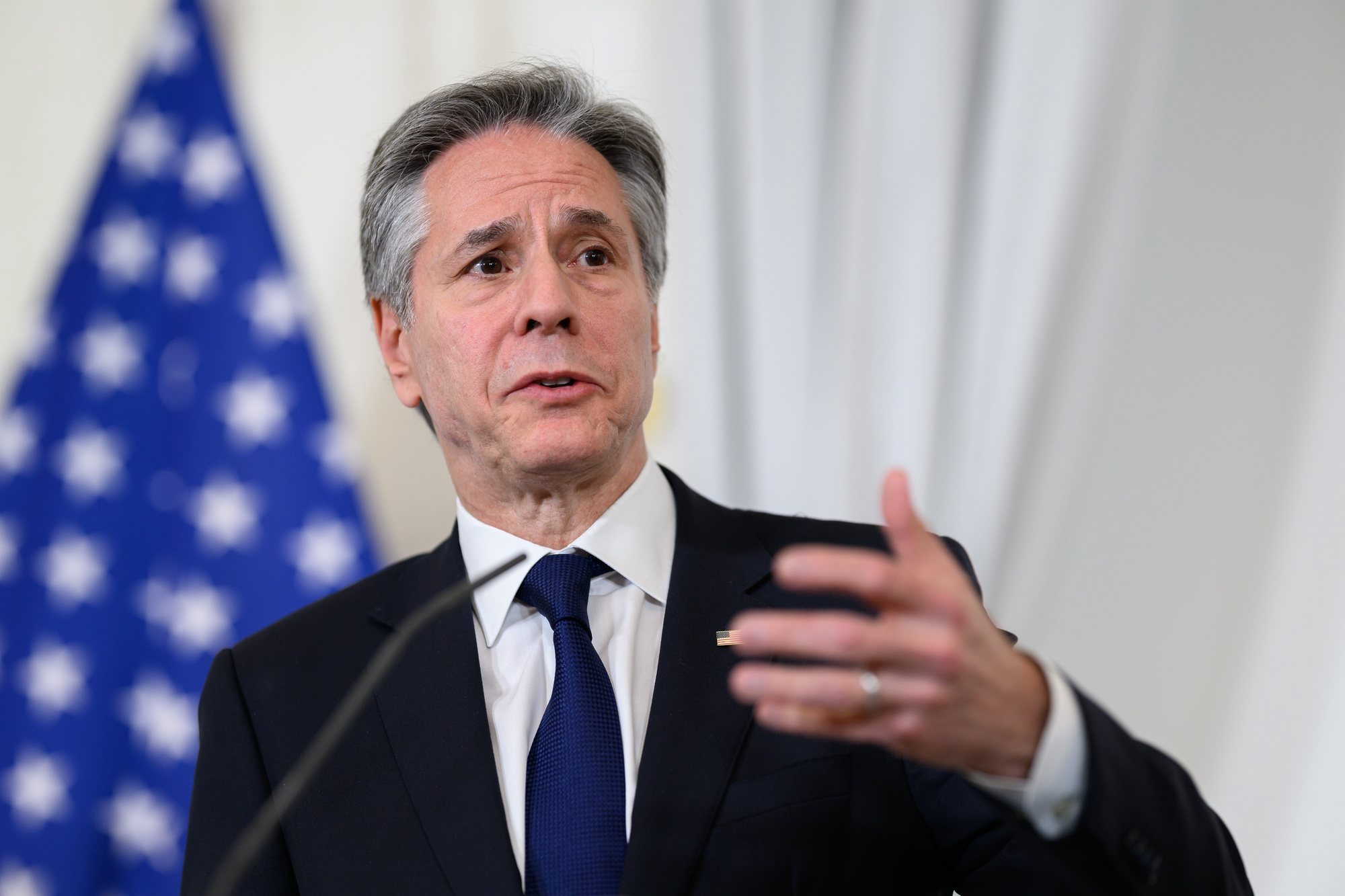 epa11222697 US Secretary of State Antony Blinken speaks at a press conference during a meeting with Austrian Foreign Minister in Vienna, Austria, 15 March 2024. Blinken participated in the United Nations Commission on Narcotic Drugs (CND) in Vienna.  EPA/MAX SLOVENCIK