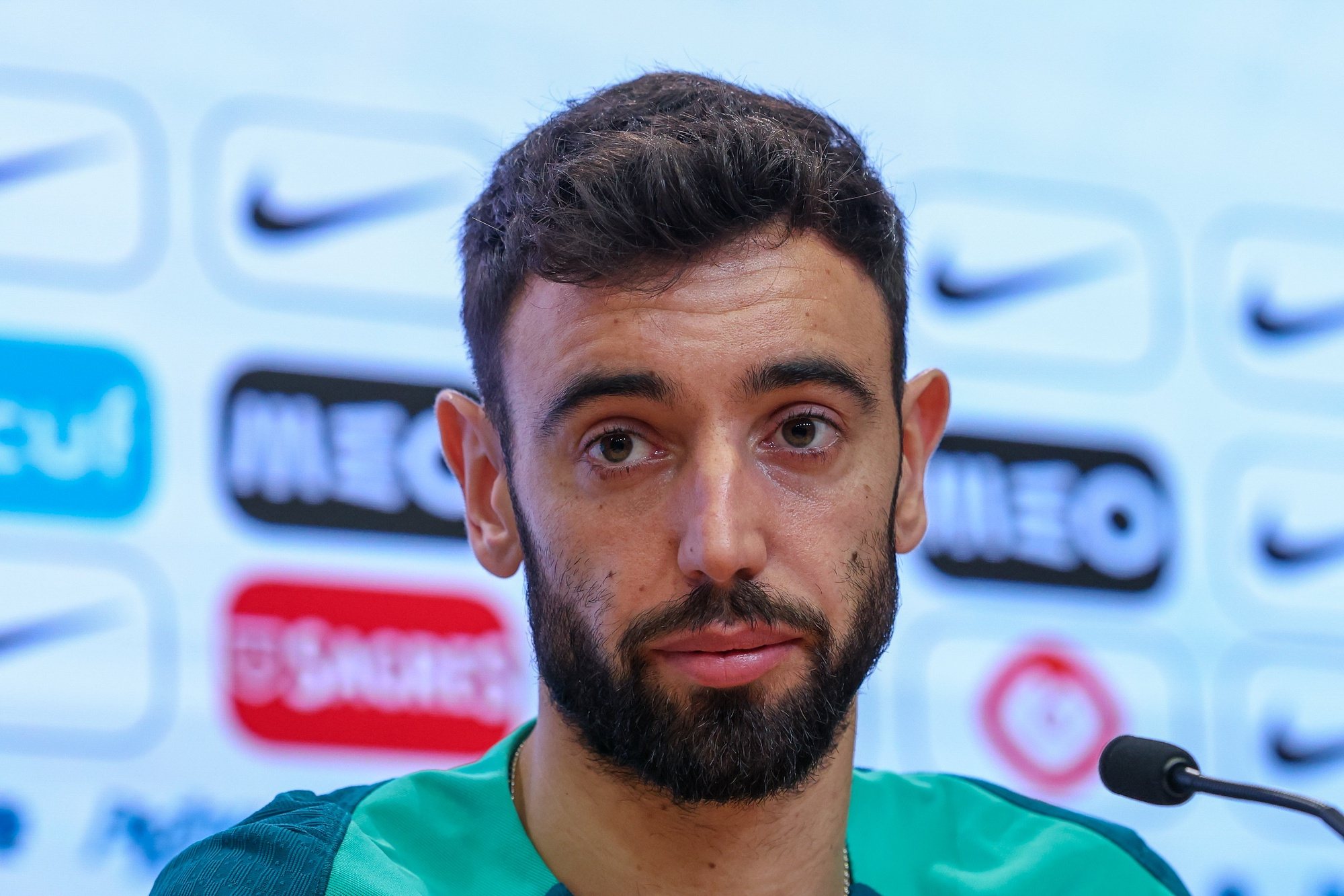 Portugal national team player Bruno Fernandes attends a press conference at Cidade do Futebol in Oeiras, Portugal, 18 March 2024. Portugal will play friendly matches against Sweden and Slovenia in preparation for the upcoming Euro 2024.  JOSE SENA GOULAO/LUSA