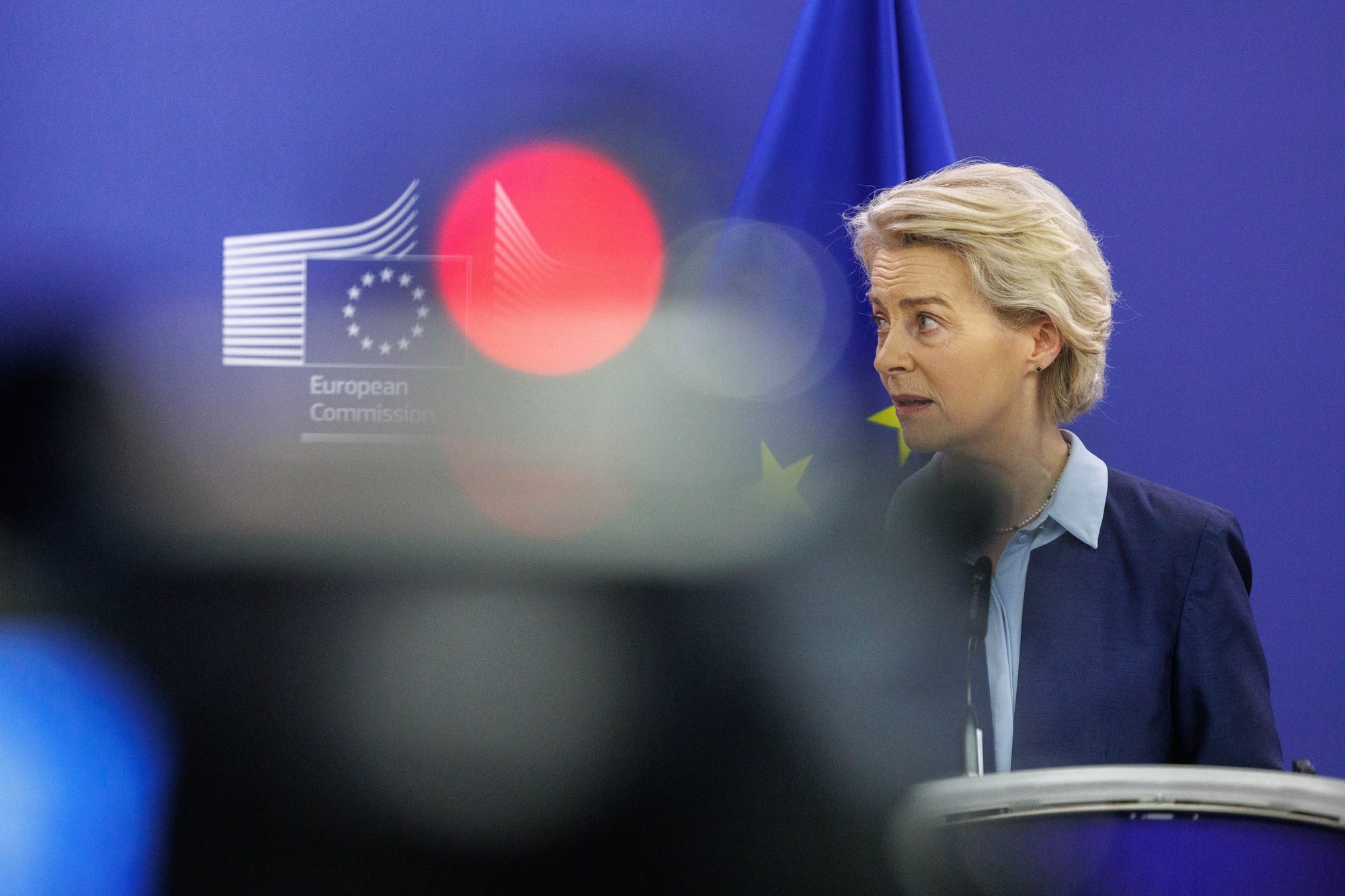 epa11231057 European Commission President Ursula von der Leyen speaks to the press as she receives Ukrainian Prime Minister Denys Shmyhal (not pictured) at the European Commission headquarters in Brussels, Belgium, 20 March 2024.  EPA/OLIVIER MATTHYS