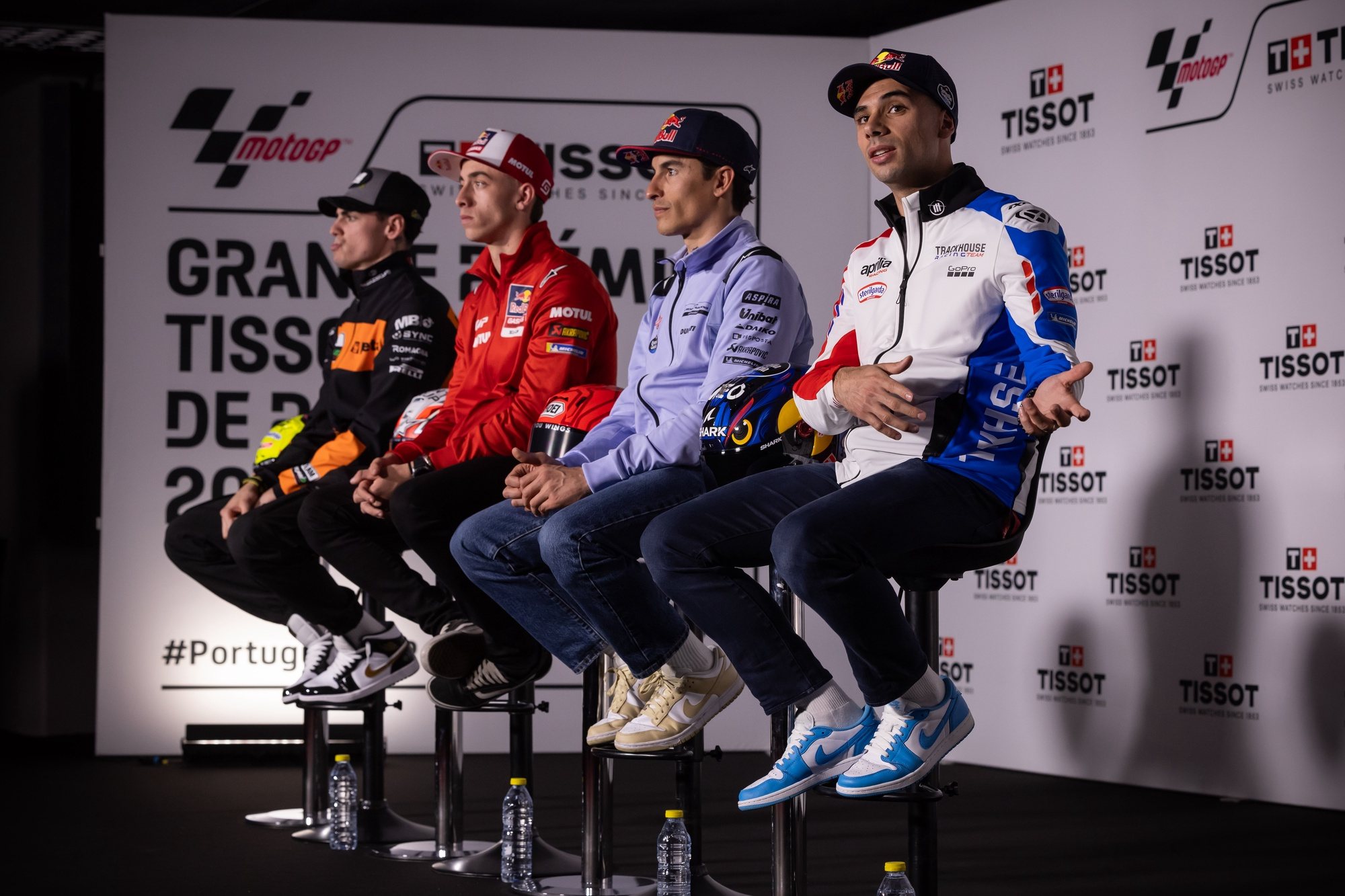 (L-R) Spanish moto2 rider Fermin Aldeguer of team Speed Up Racing, spanish rider Pedro Acosta of team Red Bull Gasgas Tech3, spanish rider Marc Marquez of team Gresini Racing Moto GP and portuguese rider Miguel Oliveira of Trackhouse Racing team, attend a press conference ahead of the Moto GP Grand Prix of Portugal that will take place from March 22 to March 24, at Autodromo Internacional do Algarve, Portimao, south of Portugal, 21 March 2024. JOSE SENA GOULAO/LUSA