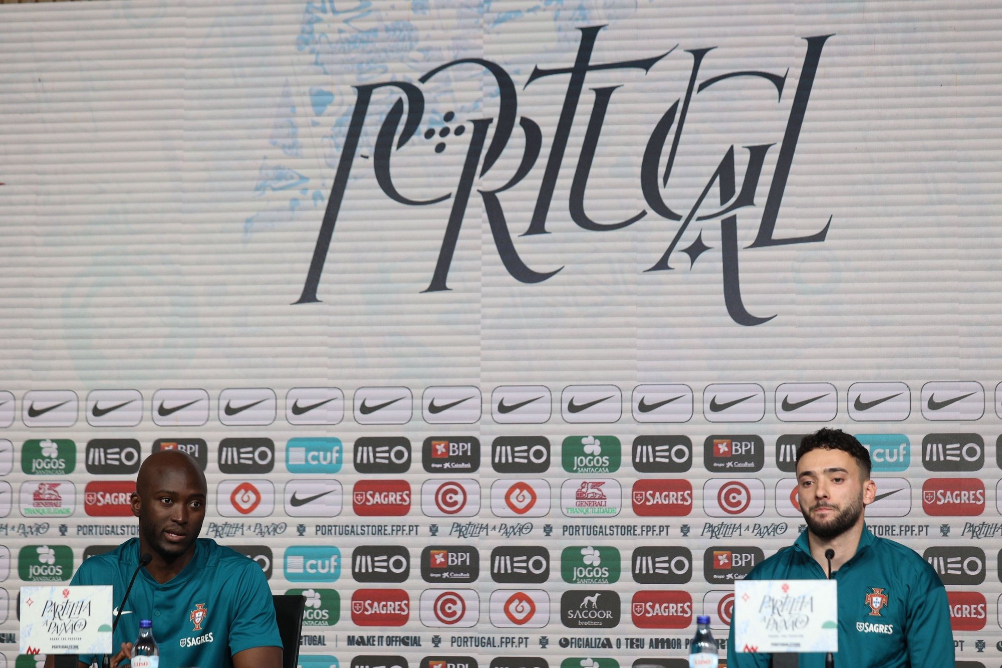 Portugal national soccer players Danilo and João Mário during a press conference at Cidade do Futebol in Oeiras, Portugal, 24th March 2024. Portugal will play friendly match against Slovenia in preparation for the upcoming Euro 2024.TIAGO PETINGA/LUSA