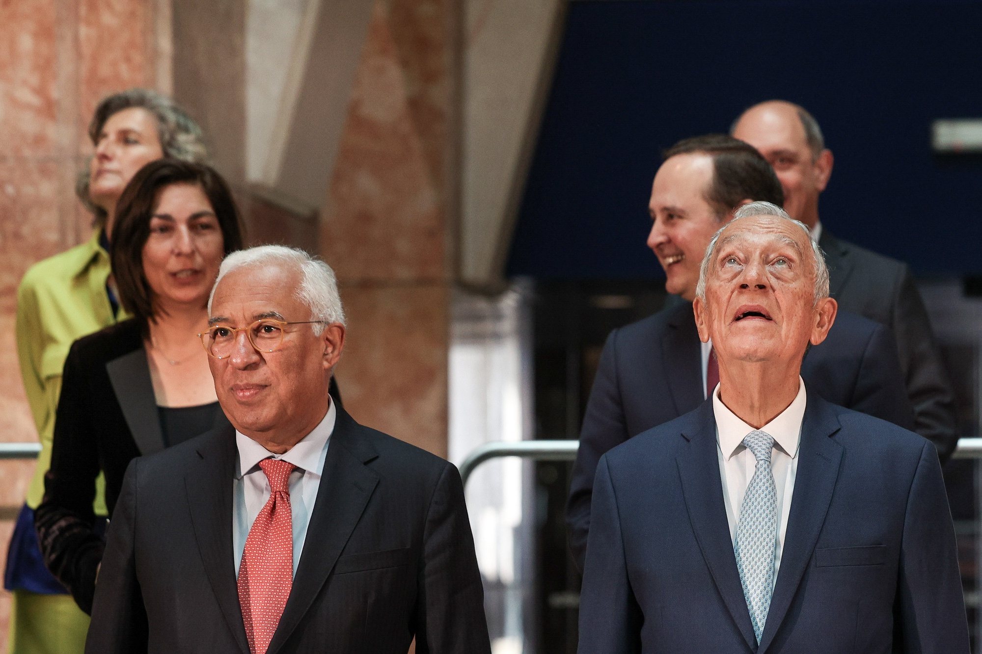 Portugal&#039;s President Marcelo Rebelo de Sousa (R) flanked by Prime Minister Antonio Costa (L), moments before posing for a family photo with the other members of the Government, during the last meeting of the Council of Ministers of the XXIII Constitutional Government, which he is chairing and which for the first time is being held in the new Government building, the former headquarters of Caixa Geral de Depósitos (CGD), in Lisbon, Portugal, 25 March 2024. The Council of Ministers of the government led by Antonio Costa is meeting for the last time today and will be chaired by the head of state, with the PRR&#039;s state of play being one of the topics on the agenda. TIAGO PETINGA/LUSA