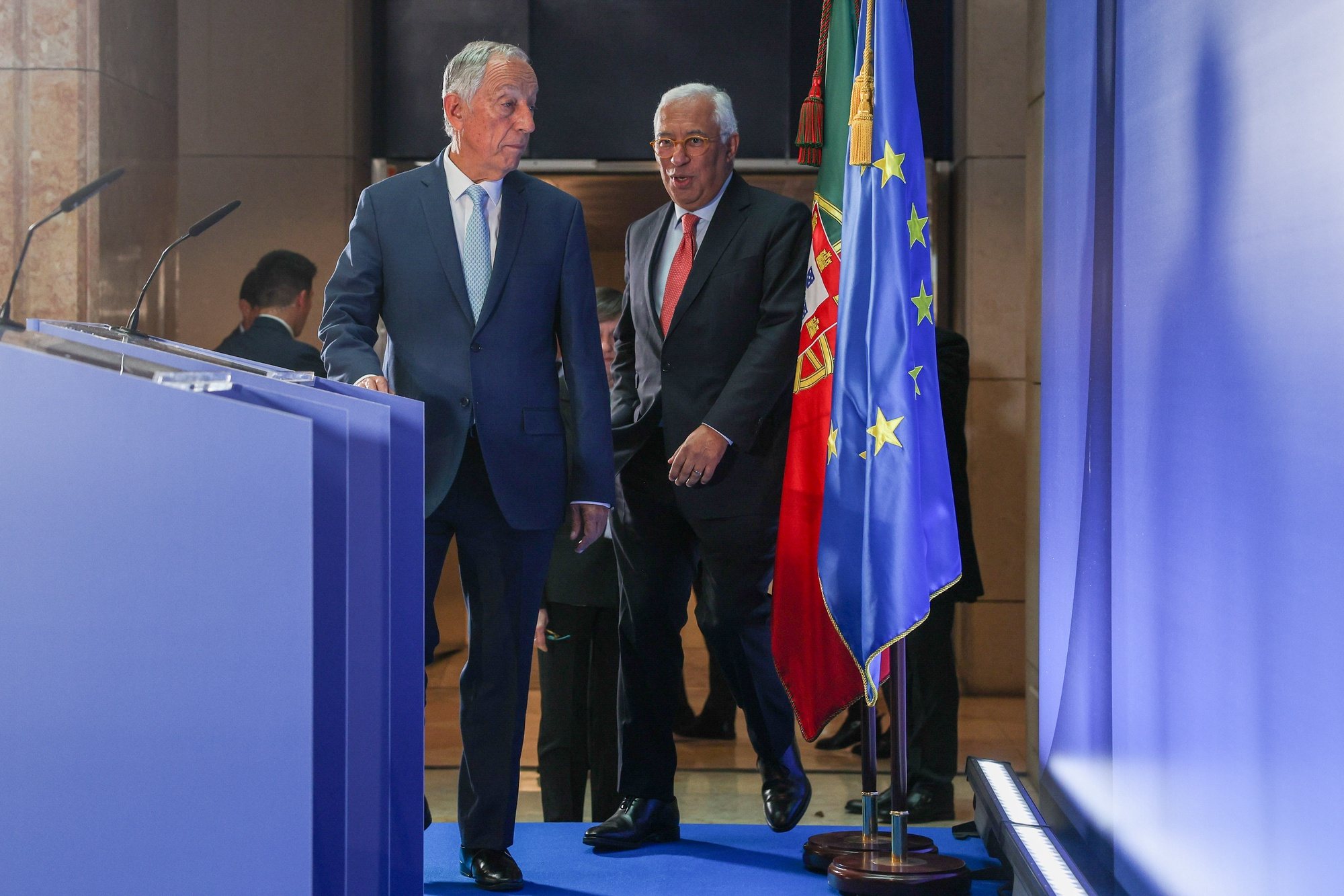 Portugal&#039;s President Marcelo Rebelo de Sousa (L) and Prime Minister Antonio Costa (R) arrive to attend a press conference at the end of the last meeting of the Council of Ministers of the XXIII Constitutional Government, which for the first time is being held in the new Government building, the former headquarters of Caixa Geral de Depositos (CGD), in Lisbon, Portugal, 25 March 2024. The Council of Ministers of the government led by Antonio Costa is meeting for the last time today and will be chaired by the head of state, with the PRR&#039;s state of play being one of the topics on the agenda. TIAGO PETINGA/LUSA