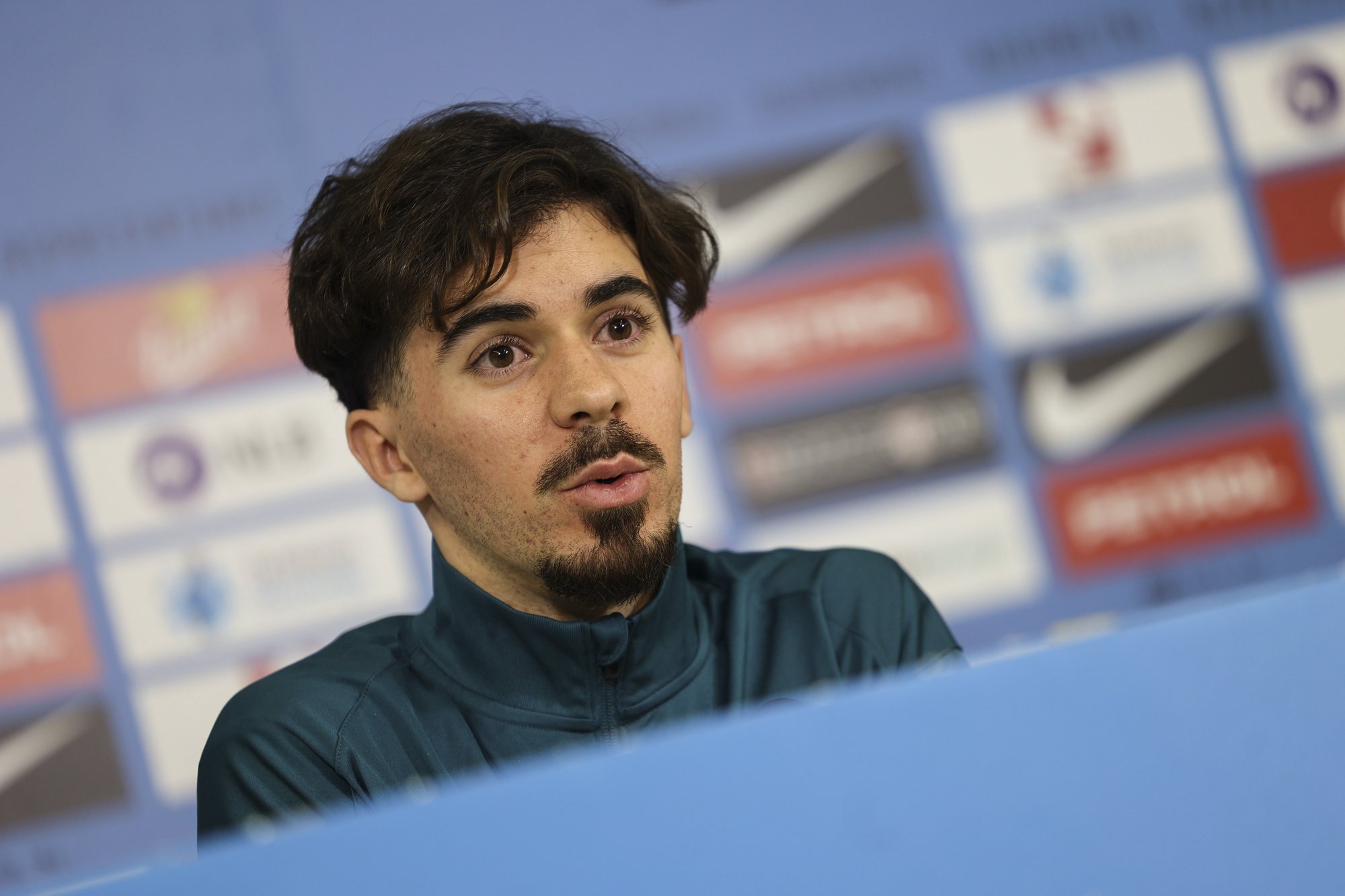 Portugal national soccer player Vitinha speaks during a press conference at Stozice Stadium in Ljubljana, Slovenia, 25th March 2024. Portugal will play a friendly match tomorrow against Slovenia in preparation for the upcoming Euro 2024. MIGUEL A. LOPES/LUSA