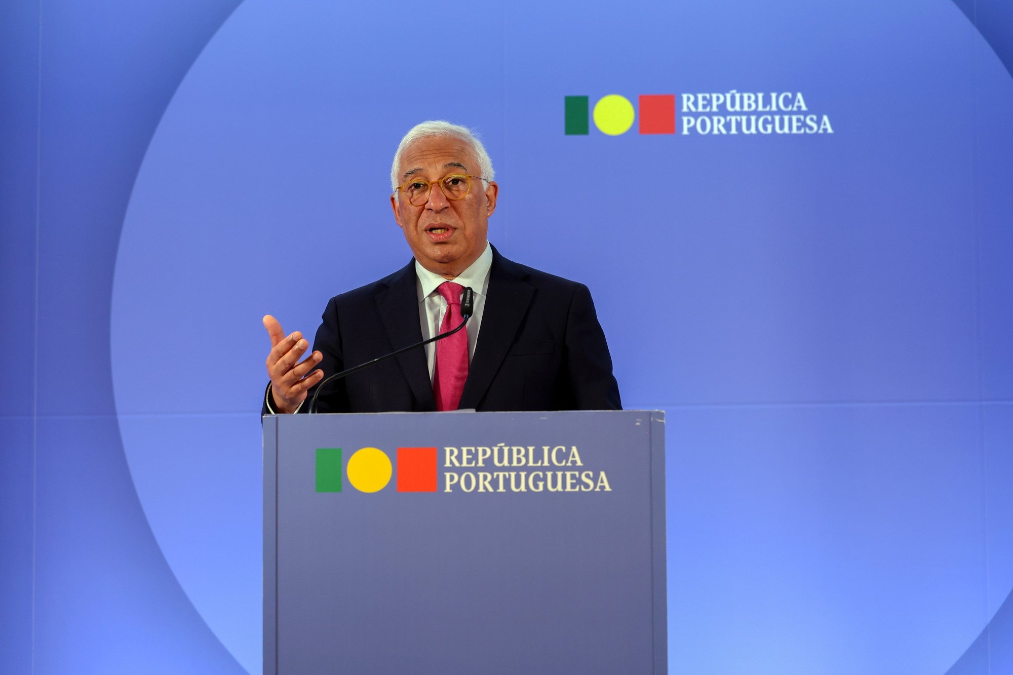 Prime Minister Antonio Costa attends a press conference to take stock of the eight years of government and the public transition portfolio of the XXIII Constitutional Government, at the Sao Bento Palace in Lisbon, Portugal, 27 March 2024. JOSE SENA GOULAO/LUSA