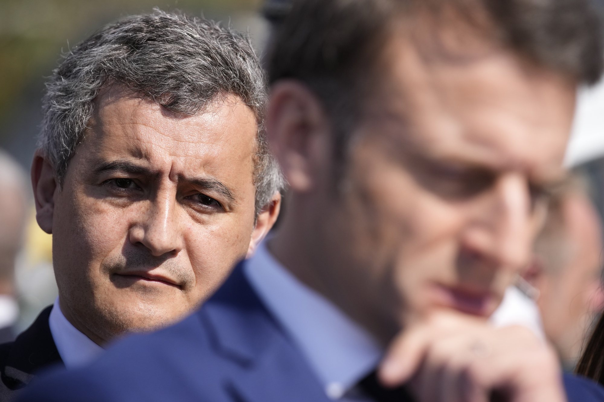 epa11229140 French Interior Minister Gerald Darmanin (L) and French President Emmanuel Macron attend a visit focused on security and the fight against drug trafficking, in La Castellane, district of Marseille, southern France, 19 March 2024.  EPA/CHRISTOPHE ENA MAXPPP OUT