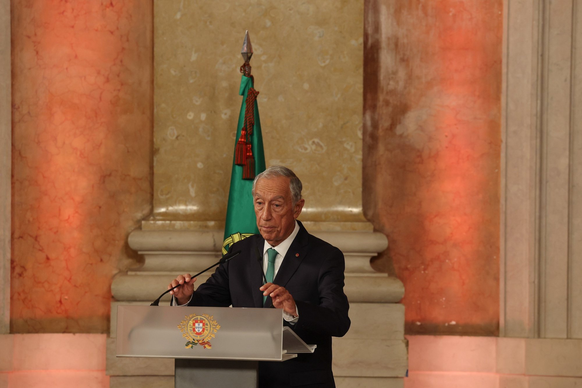 Portuguese President Marcelo Rebelo de Sousa, speak during the swearing in cerimony of the XXIV Constitutional Government held at Ajuda Palace, in Lisbon, Portugal, 02 April March 2024. These legislative elections resulted in the victory of AD - a pre-election coalition formed by PSD, CDS-PP and People&#039;s Monarchist Party (PPM) - by around 54,000 votes (0.85%) more than the PS, the narrowest margin in the history of Portuguese democracy. The two coalitions led by the PSD (the AD on the mainland and in the Azores, and Madeira Primeiro with the PSD and CDS-PP in Madeira) - won 28.83% of the votes and 80 members of parliament (78 for the PSD and two from the CDS-PP), according to the official results. The PS was the second-most-voted party with 27.98% and 78 MPs. JOAO RELVAS/LUSA