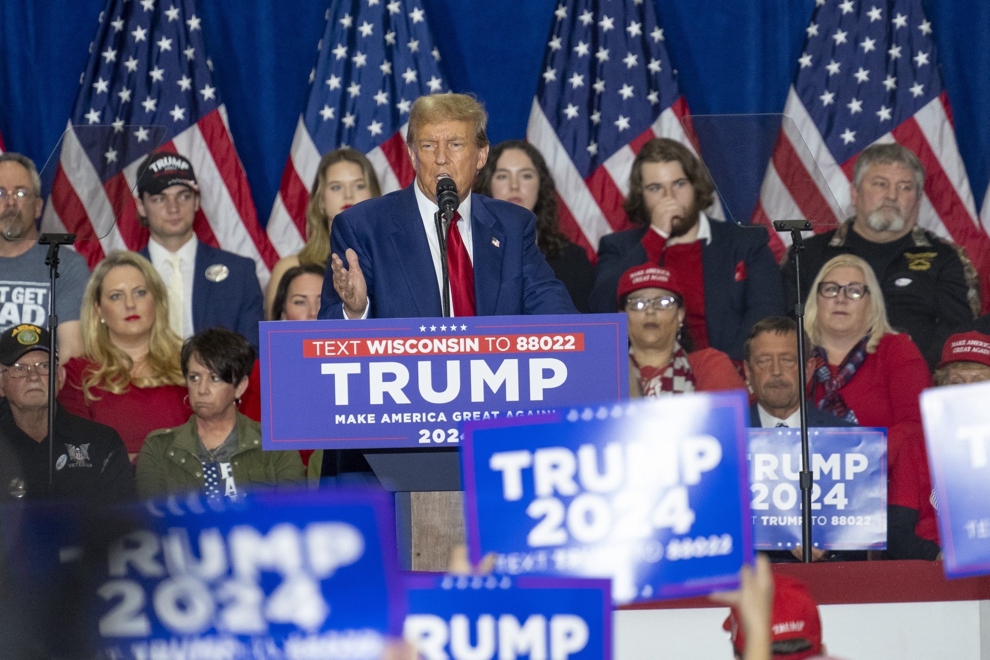 epa11256305 Former President Donald J. Trump speaks during a rally at the Hyatt Regency Green Bay in Green Bay, Wisconsin, USA, 02 April 2024.  EPA/ANDY MANIS