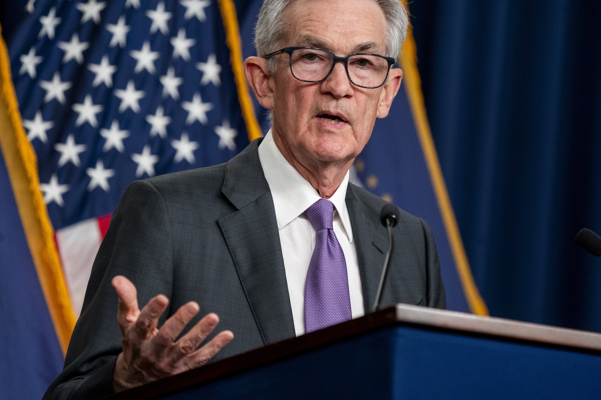 epa11232197 US Federal Reserve Board Chairman Jerome Powell responds to a question from the news media during a press conference following the announcement that interest rates will not change at the Federal Reserve in Washington, DC, USA, 20 March 2024. The Fed also released its latest forecasts for economic growth, inflation, unemployment, and interest rates.  EPA/SHAWN THEW