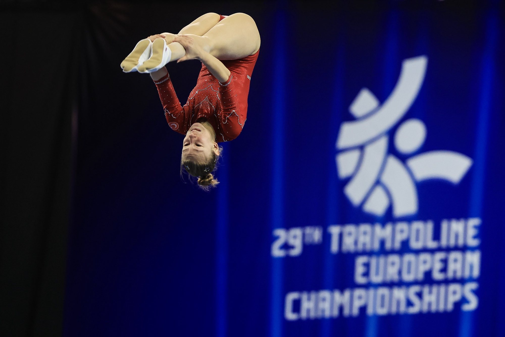 Athletes perform during the 2024 European Championships in Trampoline, Double Mini-Trampoline and Tumbling, held at Multiusos pavillion, in Guimaraes, Portugal, 4 April 2024. JOSE COELHO/LUSA